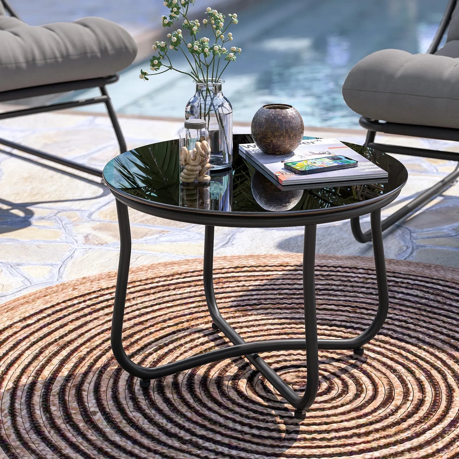 Set relax 4 posti in acciaio antracite con cuscino trapuntato grigio scuro - Santacruz