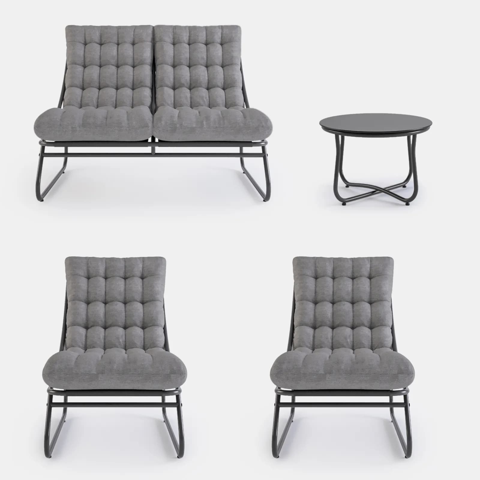Set relax 4 posti in acciaio antracite con cuscino trapuntato grigio scuro - Santacruz