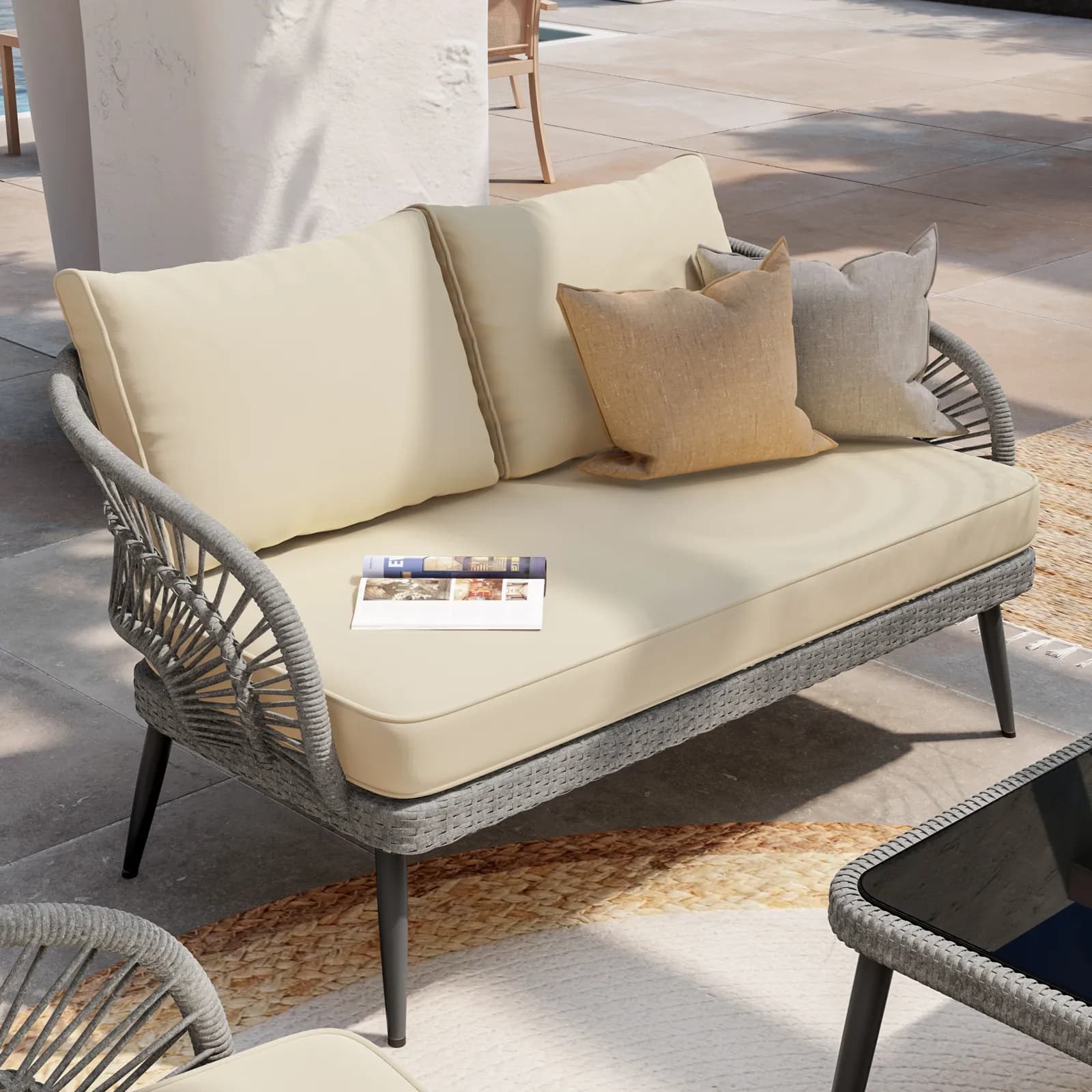 Set relax 4 posti in polyrattan tortora con cuscini e tavolino - Alana
