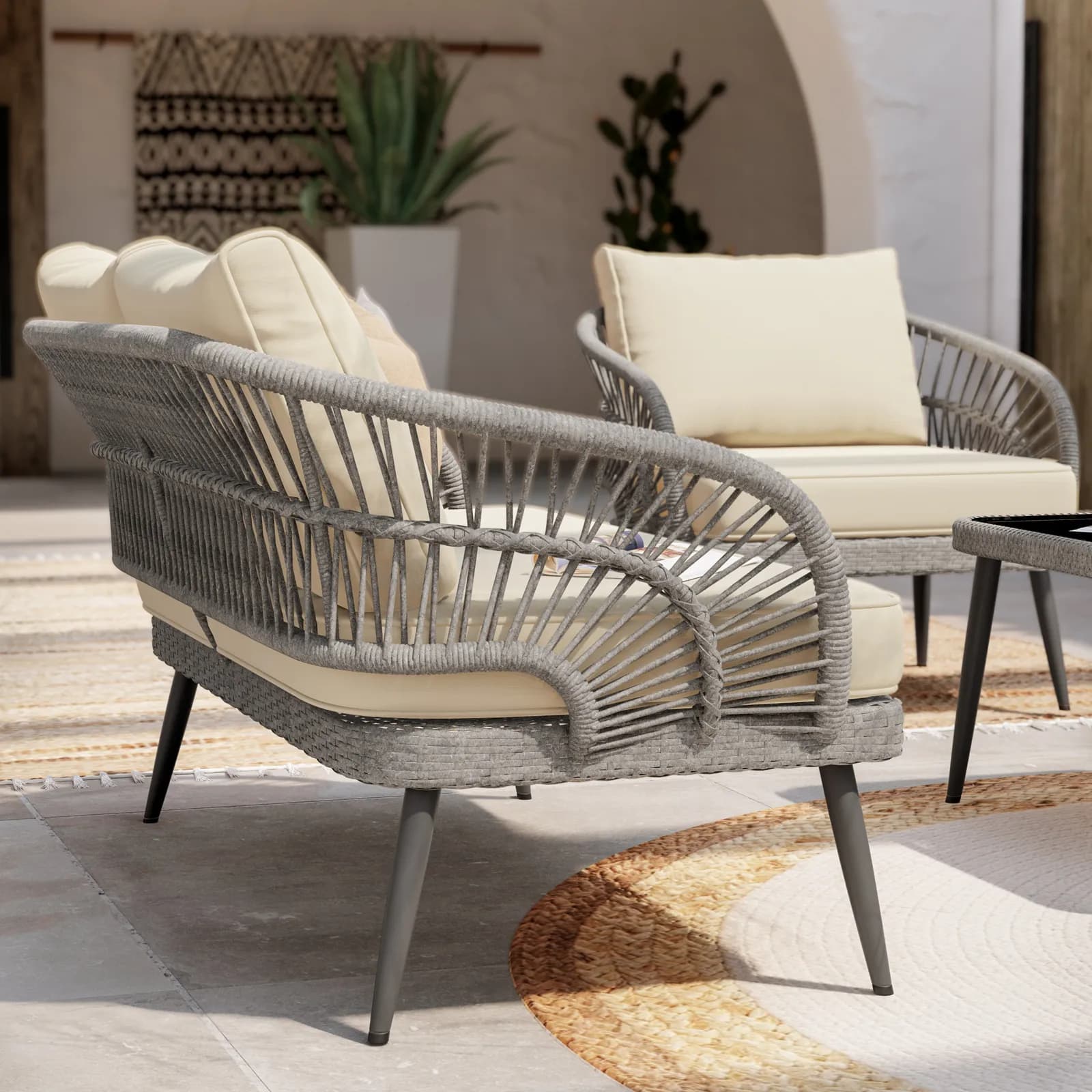 Set relax 4 posti in polyrattan tortora con cuscini e tavolino - Alana