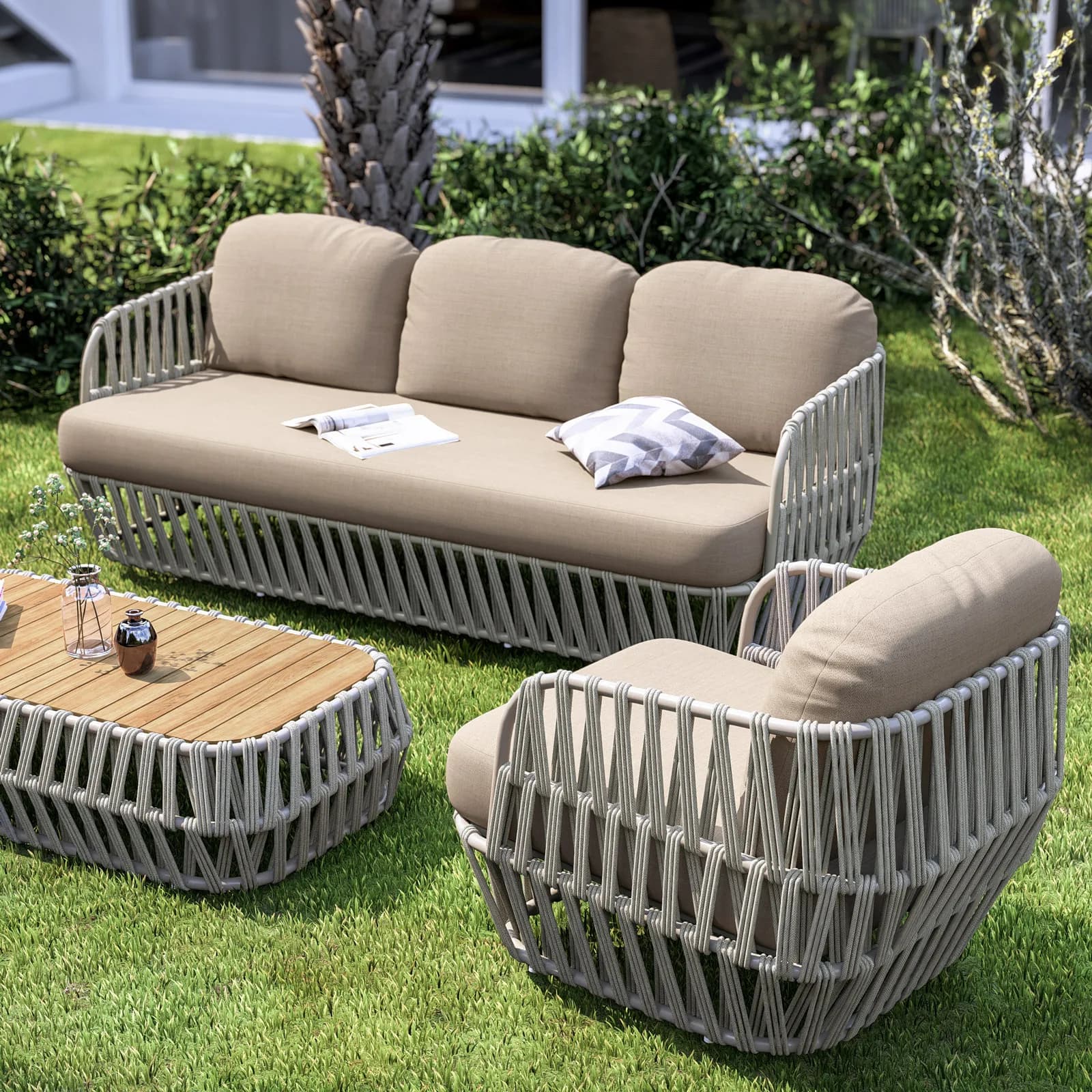 Set relax 5 posti in alluminio e rivestimento in corda tortora con cuscini e tavolino con top in legno teak - Roux