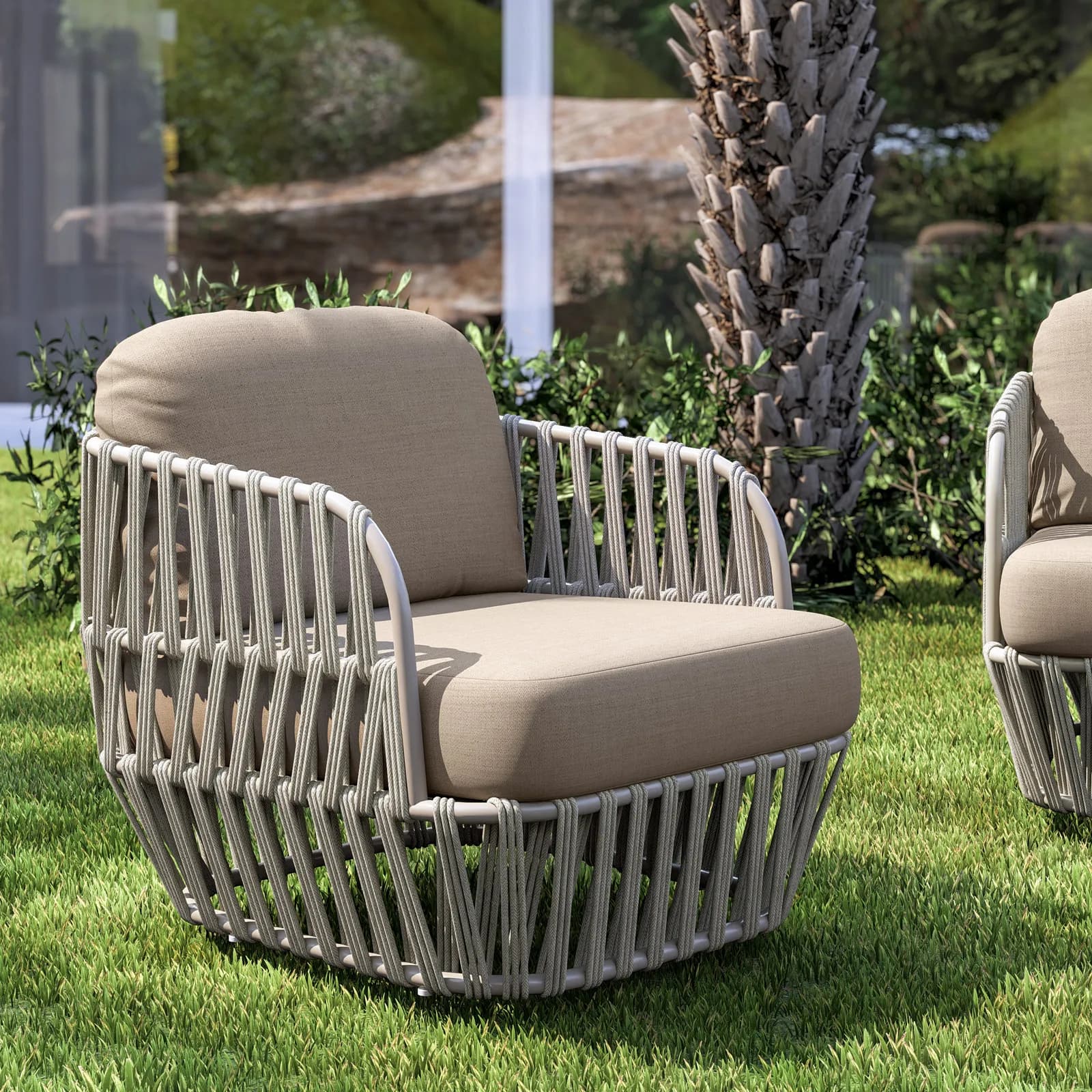 Set relax 5 posti in alluminio e rivestimento in corda tortora con cuscini e tavolino con top in legno teak - Roux