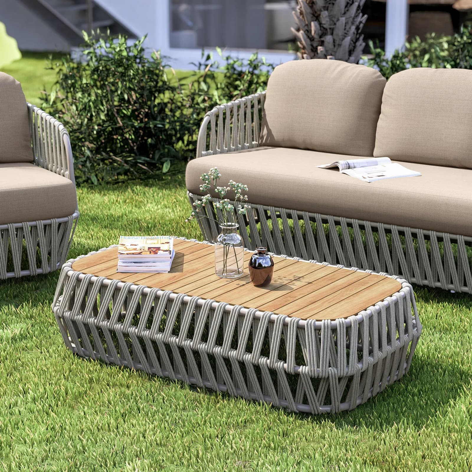 Set relax 5 posti in alluminio e rivestimento in corda tortora con cuscini e tavolino con top in legno teak - Roux