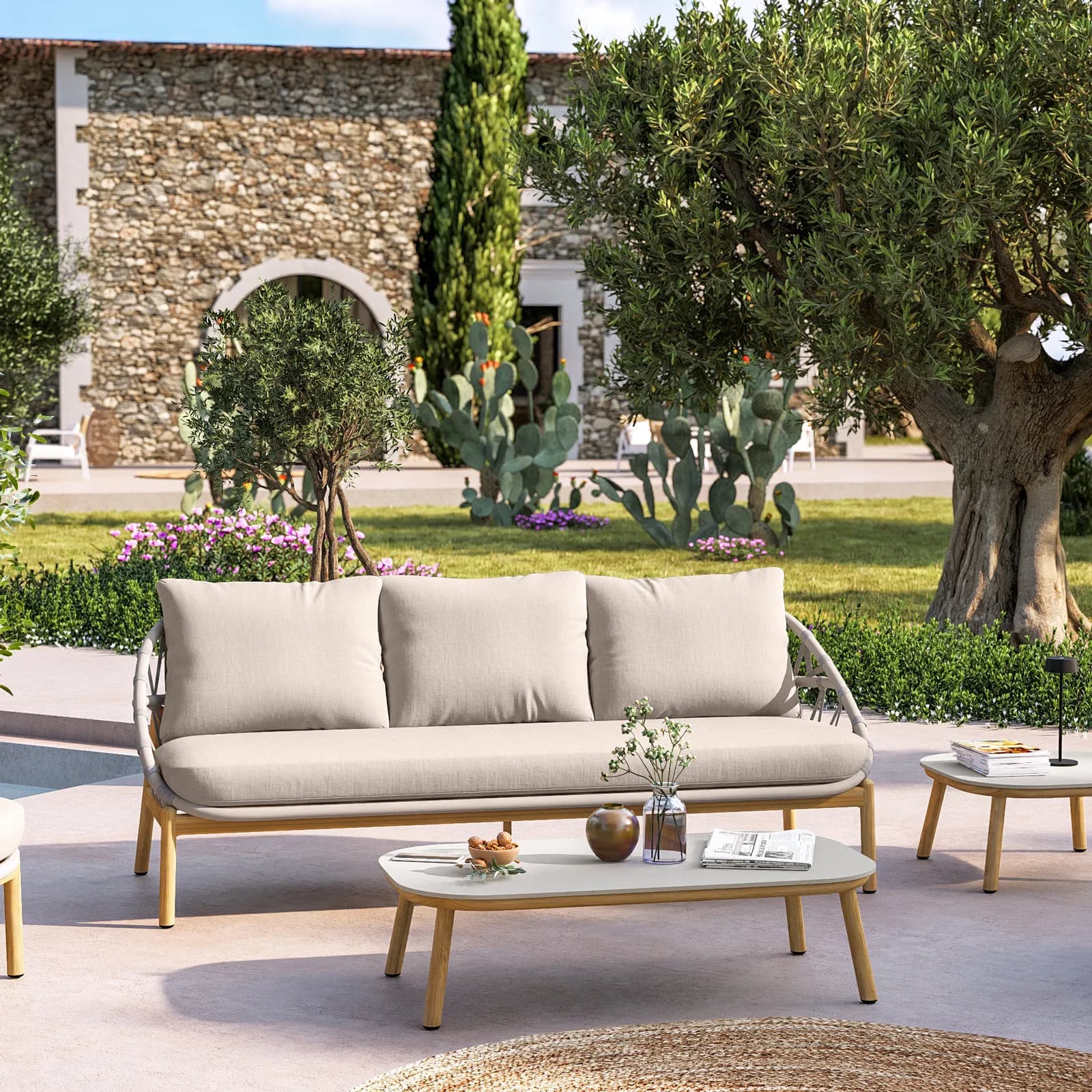 Set relax 5 posti in alluminio effetto legno con dettagli in corda e 2 tavolini - Naska