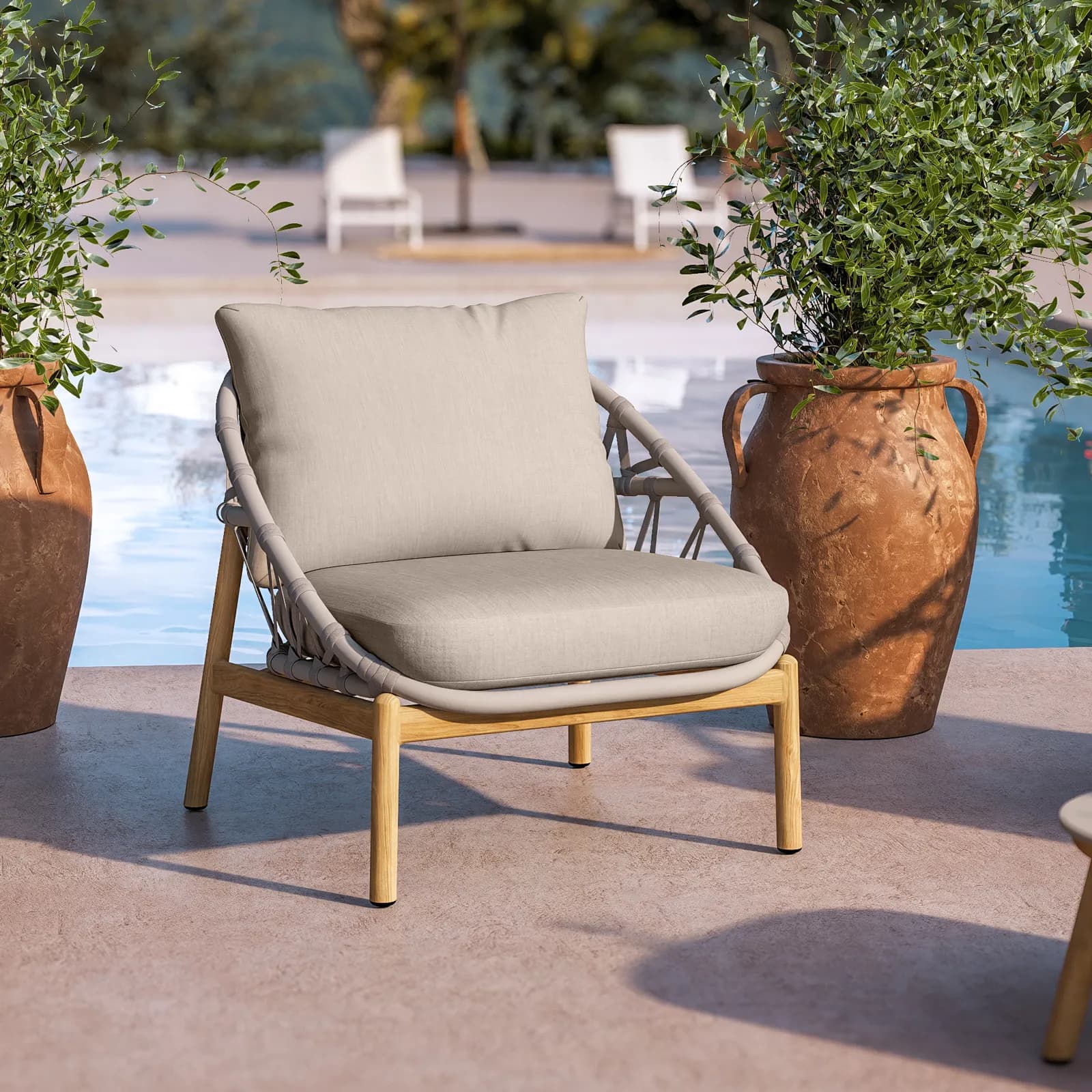 Set relax 5 posti in alluminio effetto legno con dettagli in corda e 2 tavolini - Naska