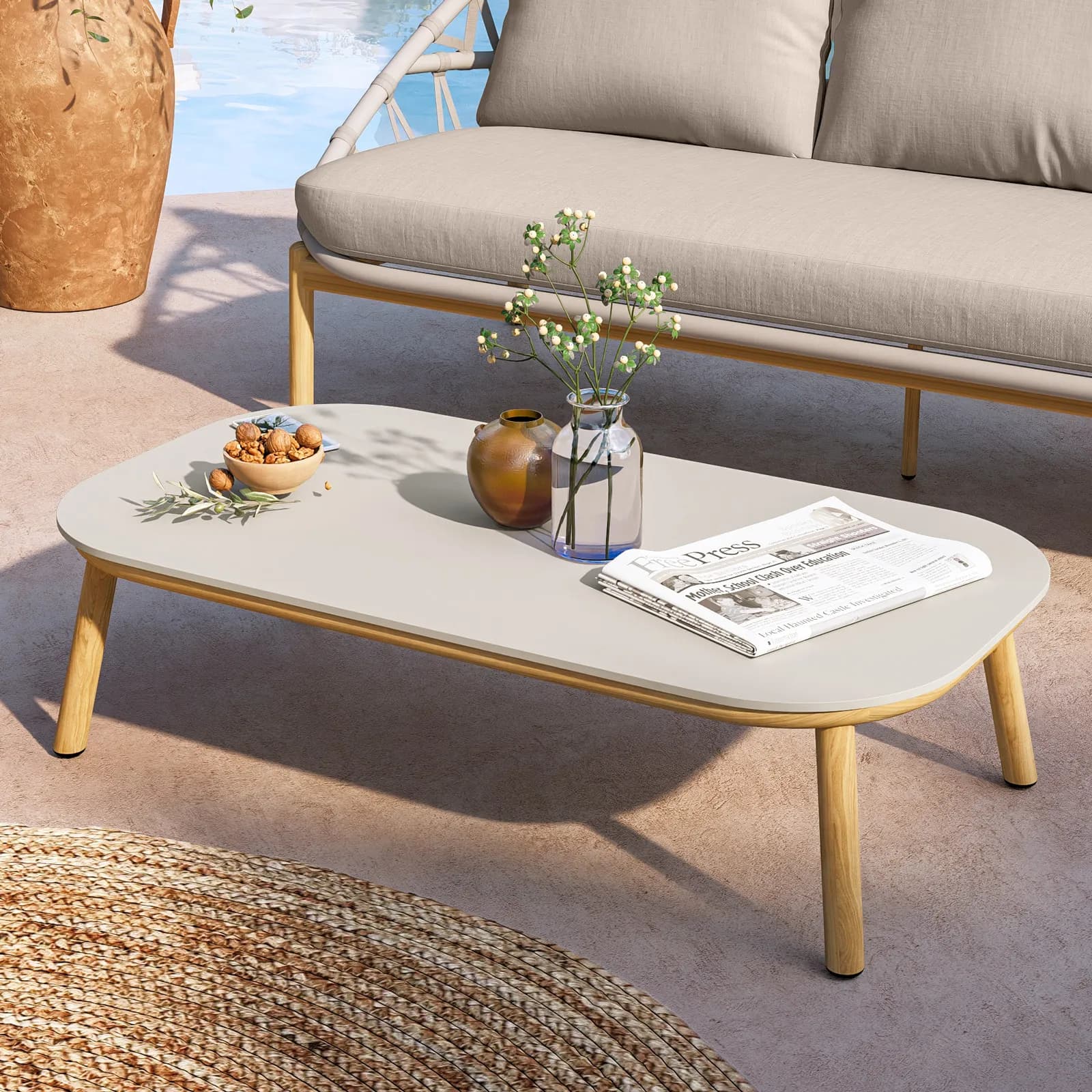 Set relax 5 posti in alluminio effetto legno con dettagli in corda e 2 tavolini - Naska