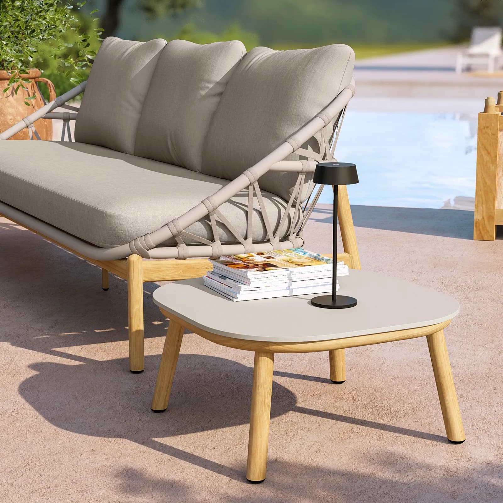 Set relax 5 posti in alluminio effetto legno con dettagli in corda e 2 tavolini - Naska