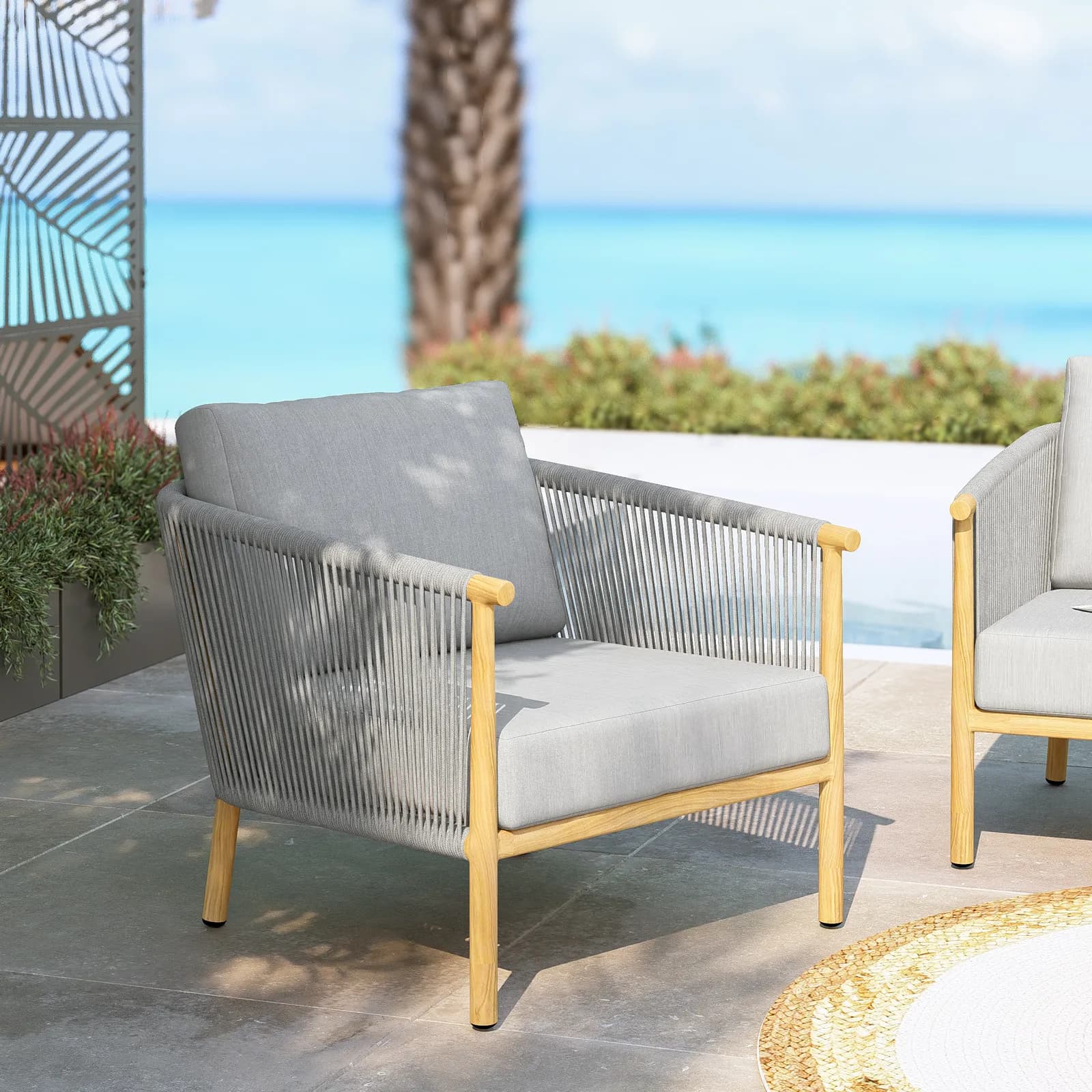 Set relax 5 posti in alluminio effetto legno e dettagli in corda con cuscini grigi - Thaier