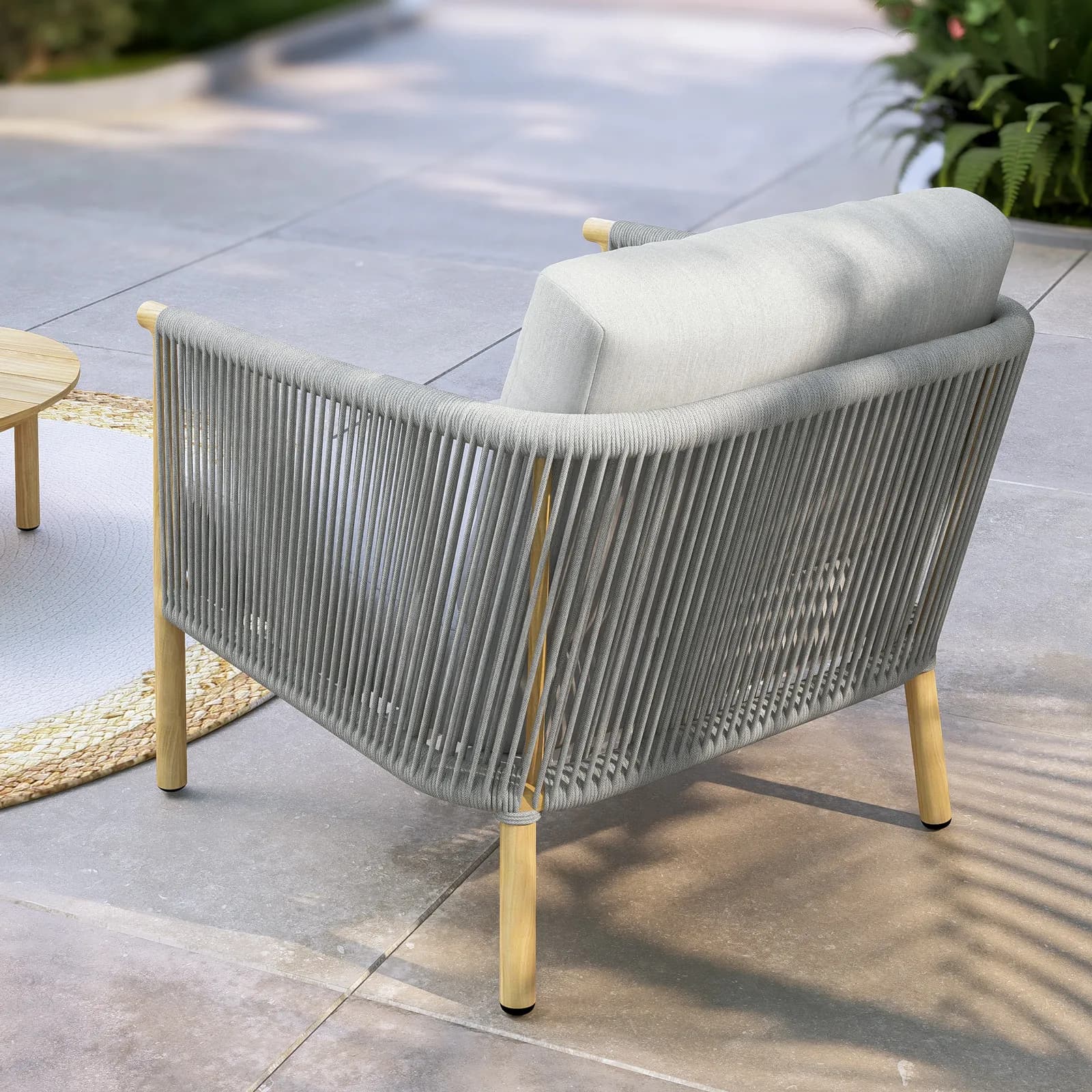 Set relax 5 posti in alluminio effetto legno e dettagli in corda con cuscini grigi - Thaier