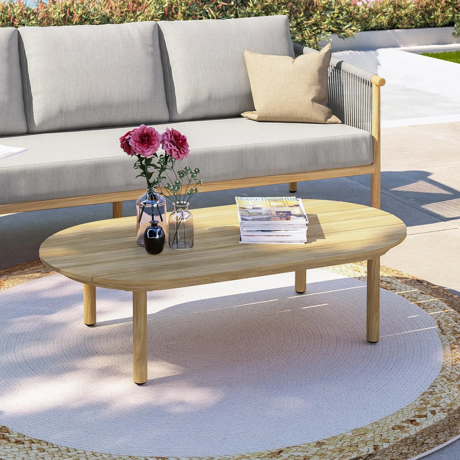 Set relax 5 posti in alluminio effetto legno e dettagli in corda con cuscini grigi - Thaier