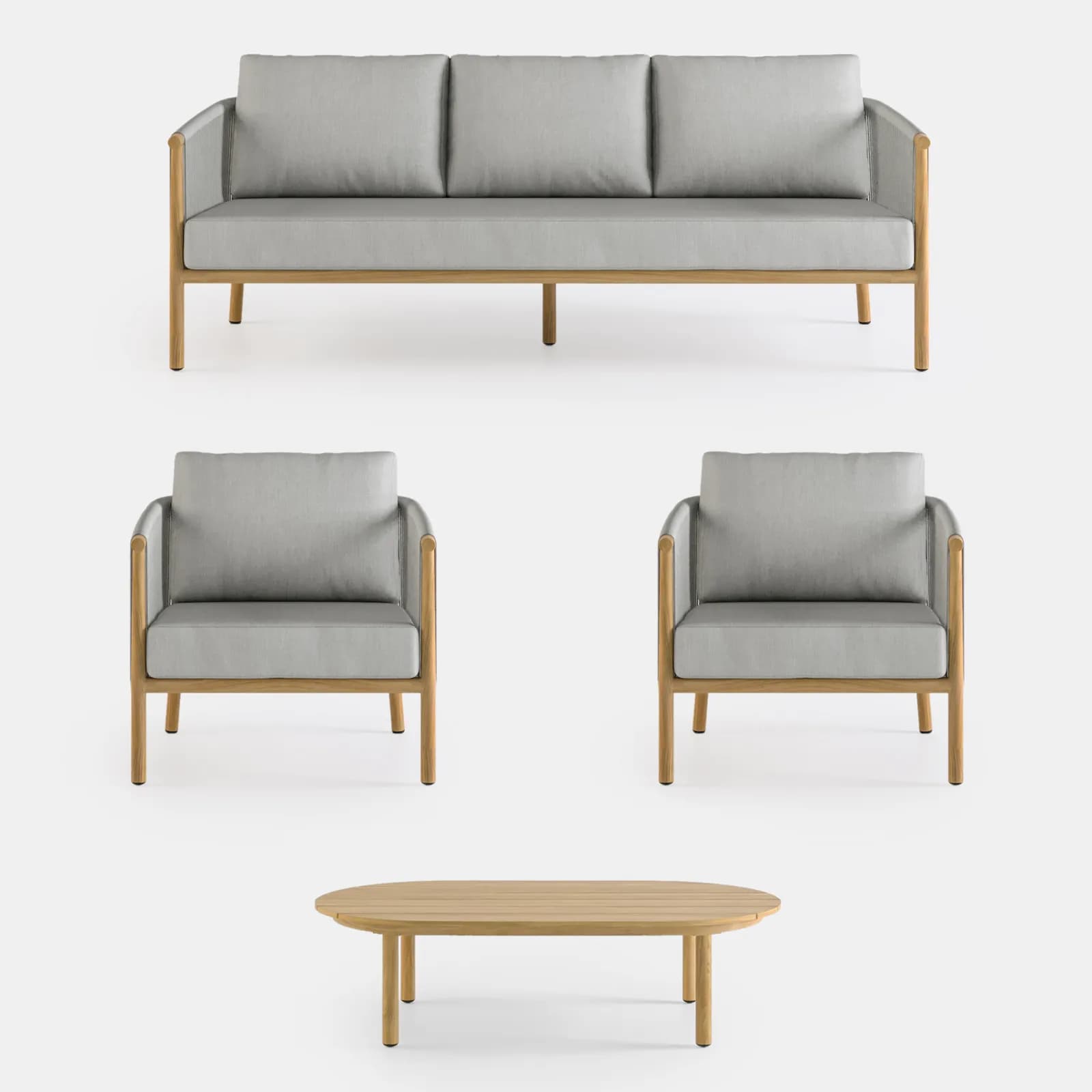 Set relax 5 posti in alluminio effetto legno e dettagli in corda con cuscini grigi - Thaier