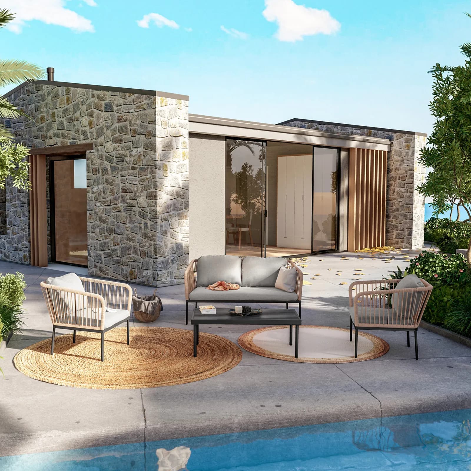 Set relax da giardino 4 posti in corda beige con cuscini grigi - Gamora