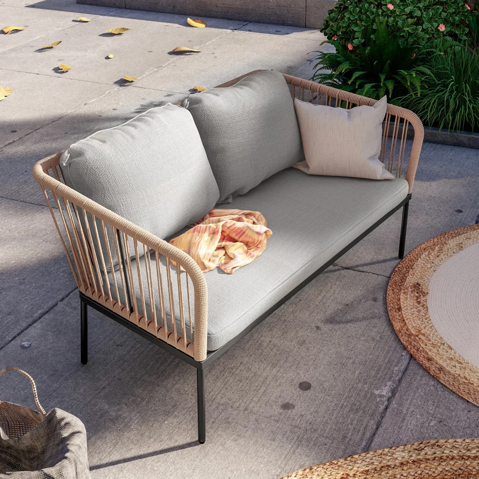 Set relax da giardino 4 posti in corda beige con cuscini grigi - Gamora