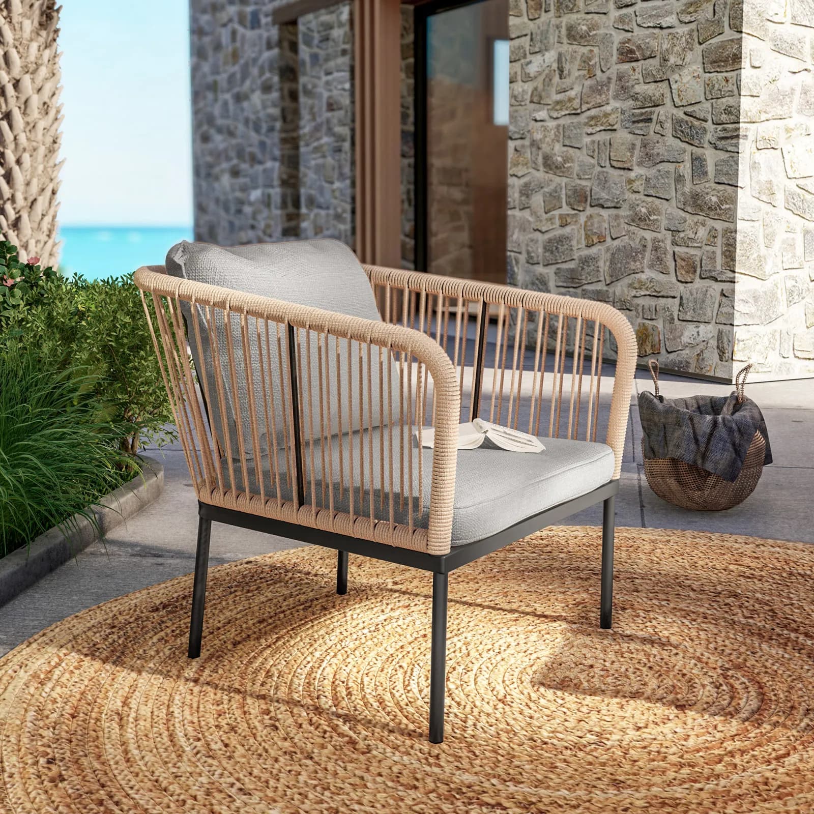 Set relax da giardino 4 posti in corda beige con cuscini grigi - Gamora