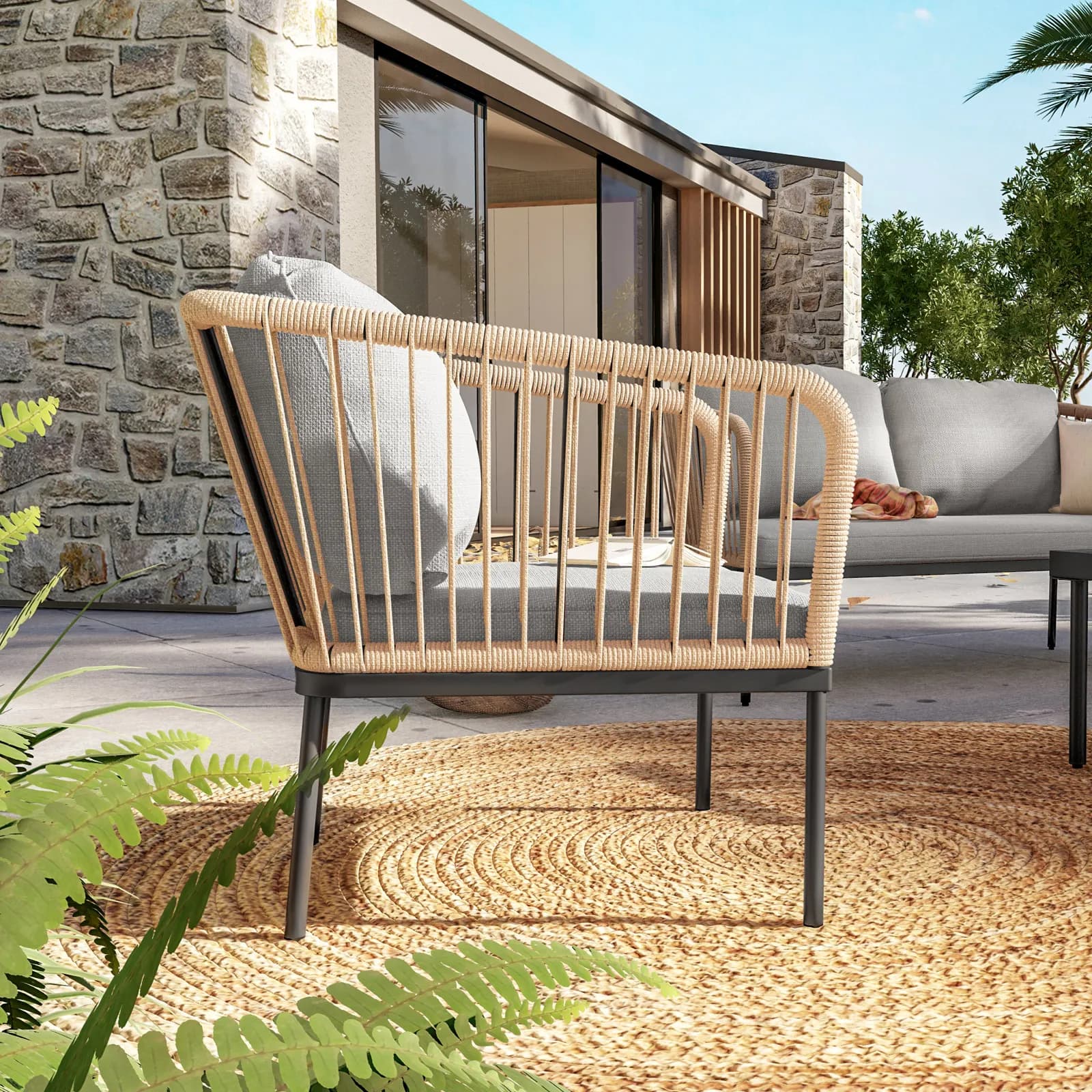 Set relax da giardino 4 posti in corda beige con cuscini grigi - Gamora
