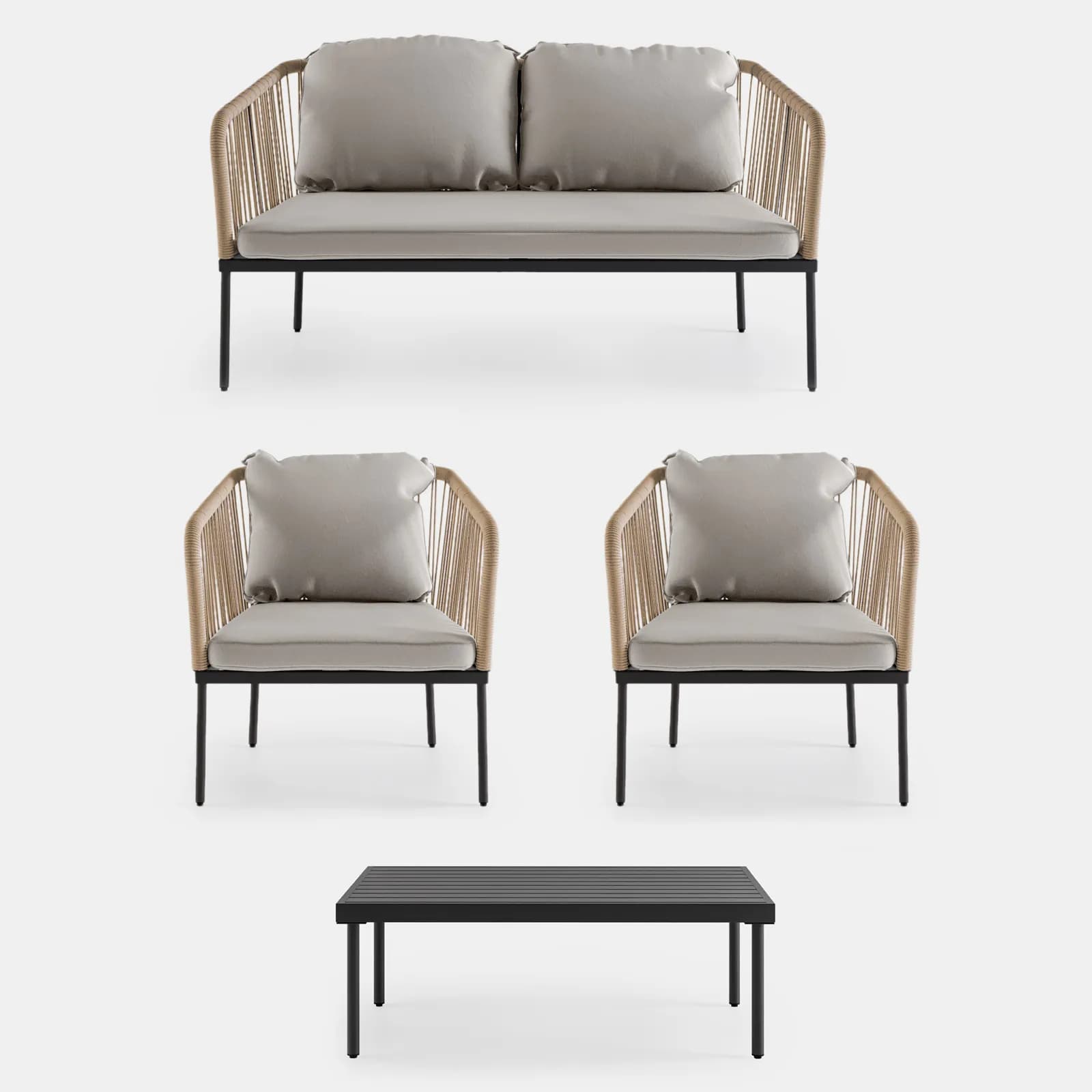 Set relax da giardino 4 posti in corda beige con cuscini grigi - Gamora