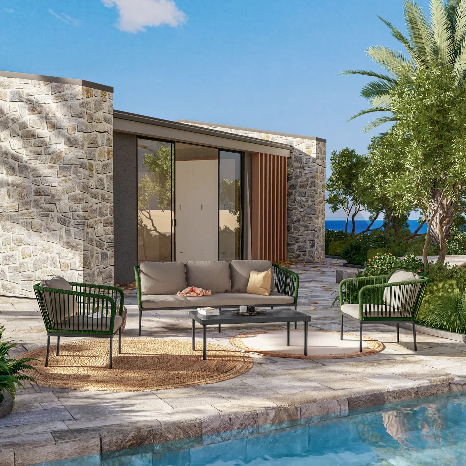 Set relax da giardino 5 posti in corda verde con cuscini tortora - Gamora