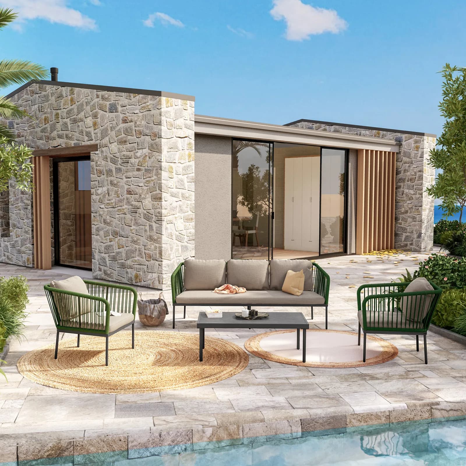 Set relax da giardino 5 posti in corda verde con cuscini tortora - Gamora