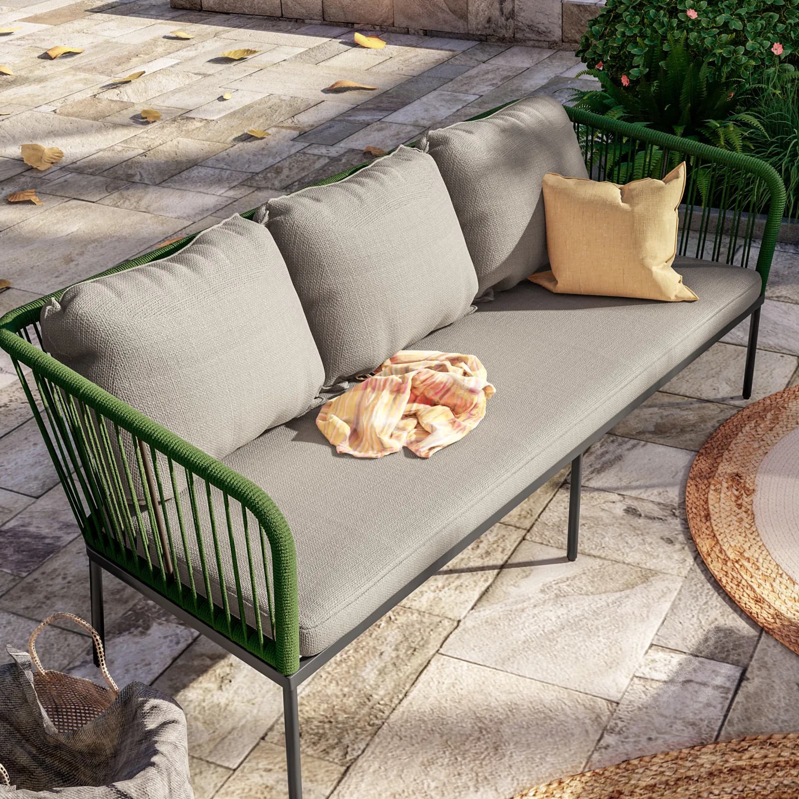 Set relax da giardino 5 posti in corda verde con cuscini tortora - Gamora