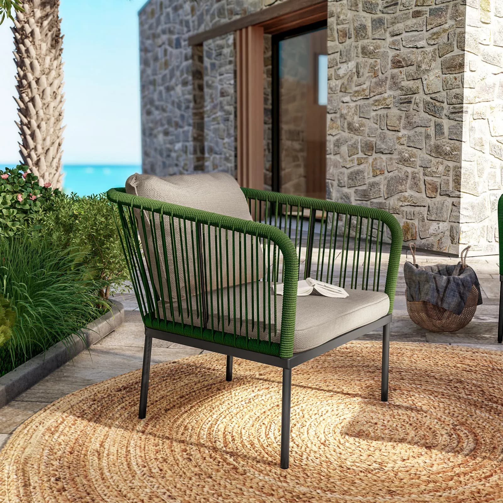 Set relax da giardino 5 posti in corda verde con cuscini tortora - Gamora