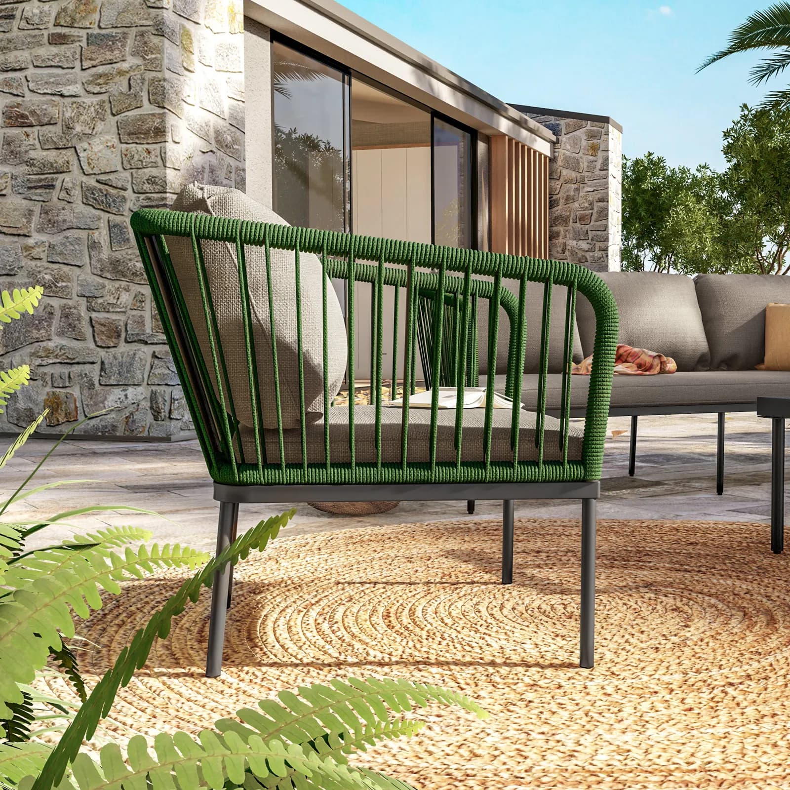 Set relax da giardino 5 posti in corda verde con cuscini tortora - Gamora