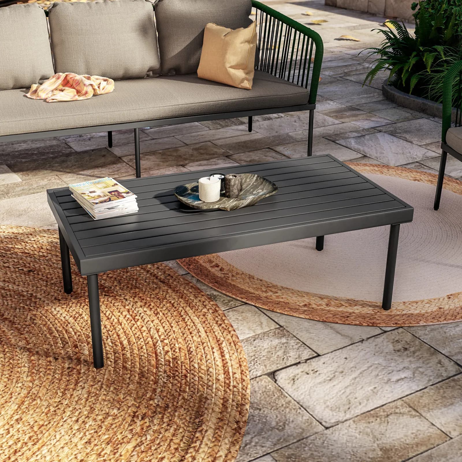 Set relax da giardino 5 posti in corda verde con cuscini tortora - Gamora