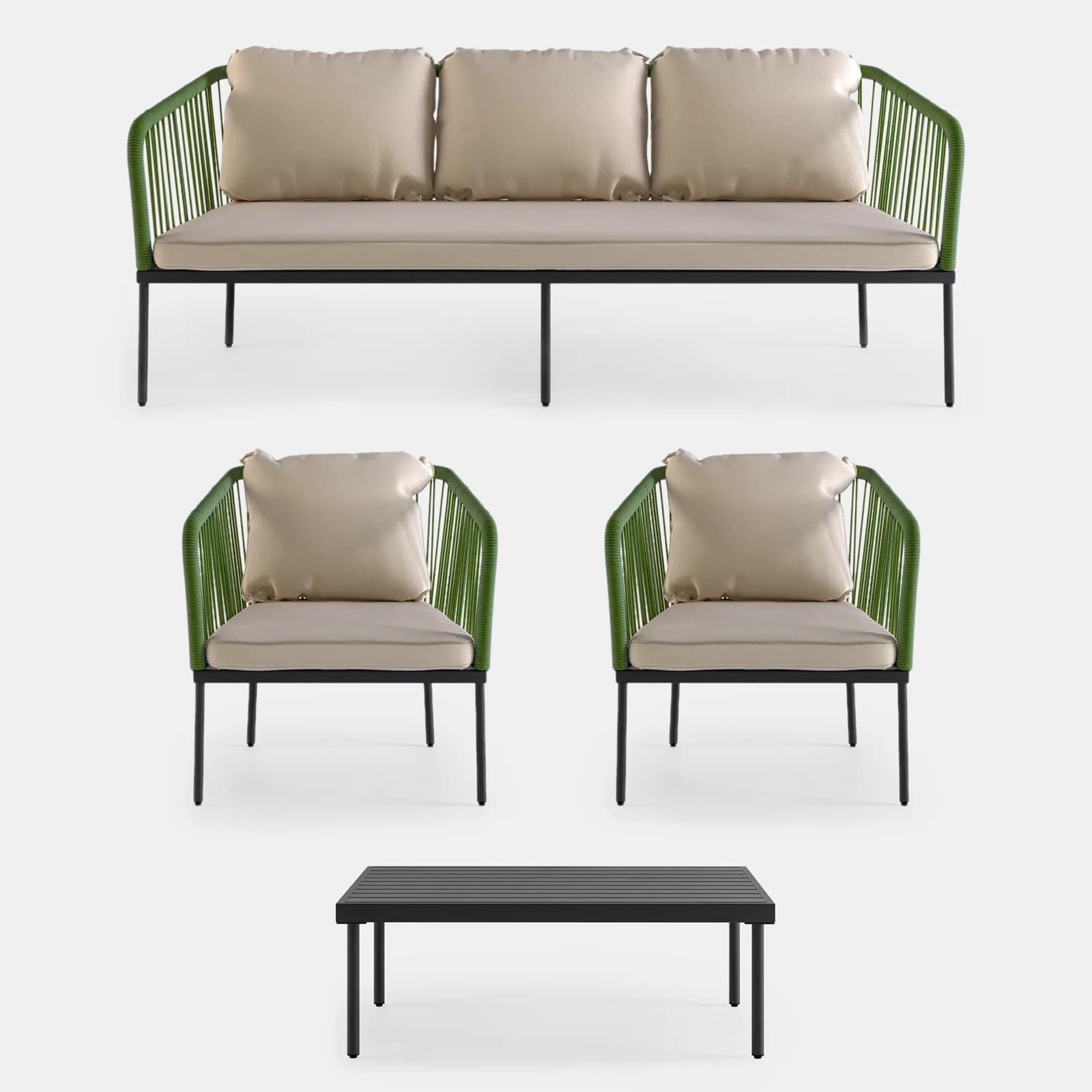 Set relax da giardino 5 posti in corda verde con cuscini tortora - Gamora