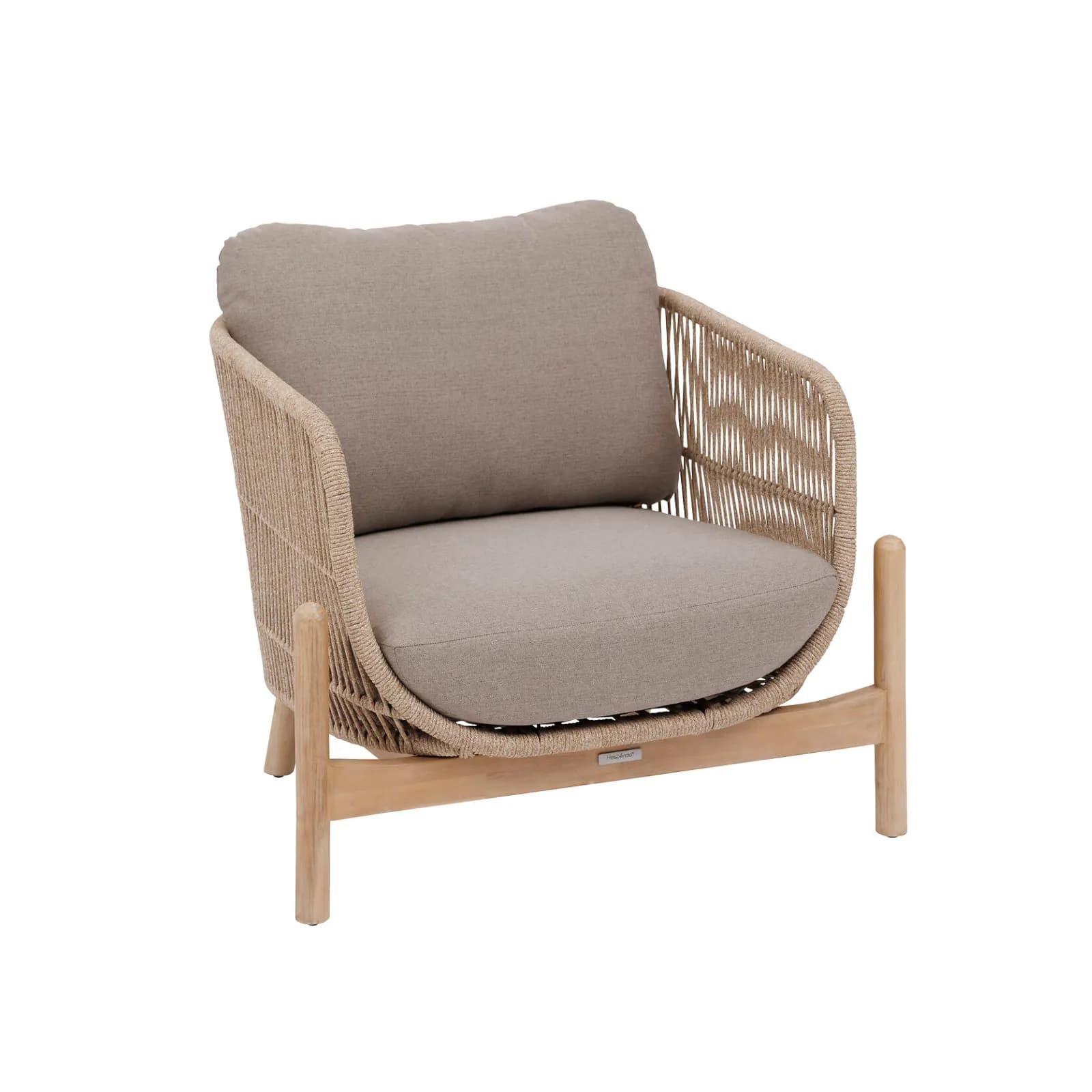 Set relax con divano due posti 2 poltrone e tavolino in legno di acacia con cuscini tortora - Nede