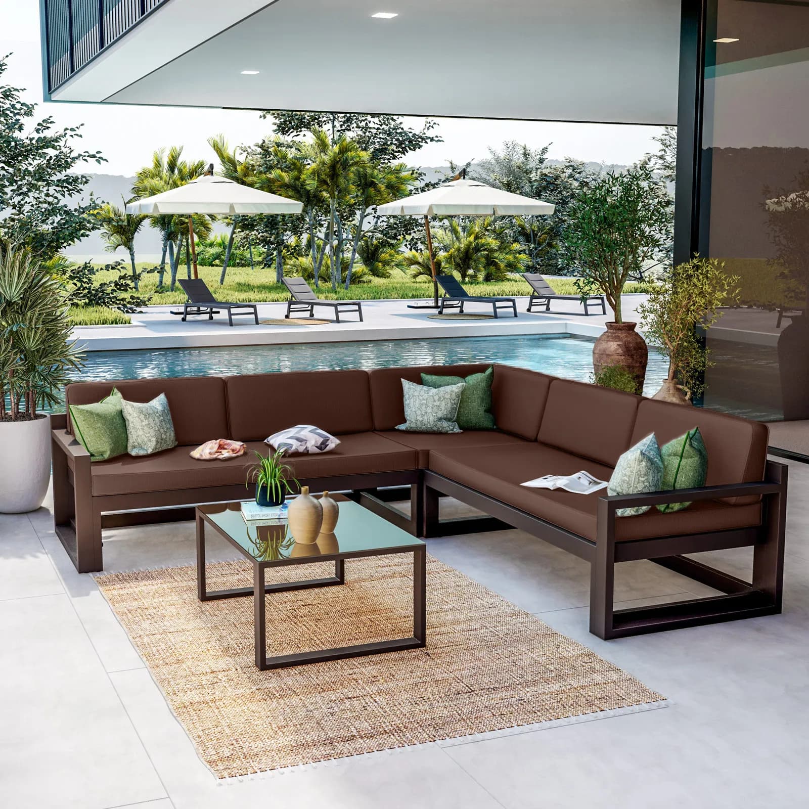 Set relax divano angolare in alluminio marrone con cuscini e tavolino - Carioca Lounge