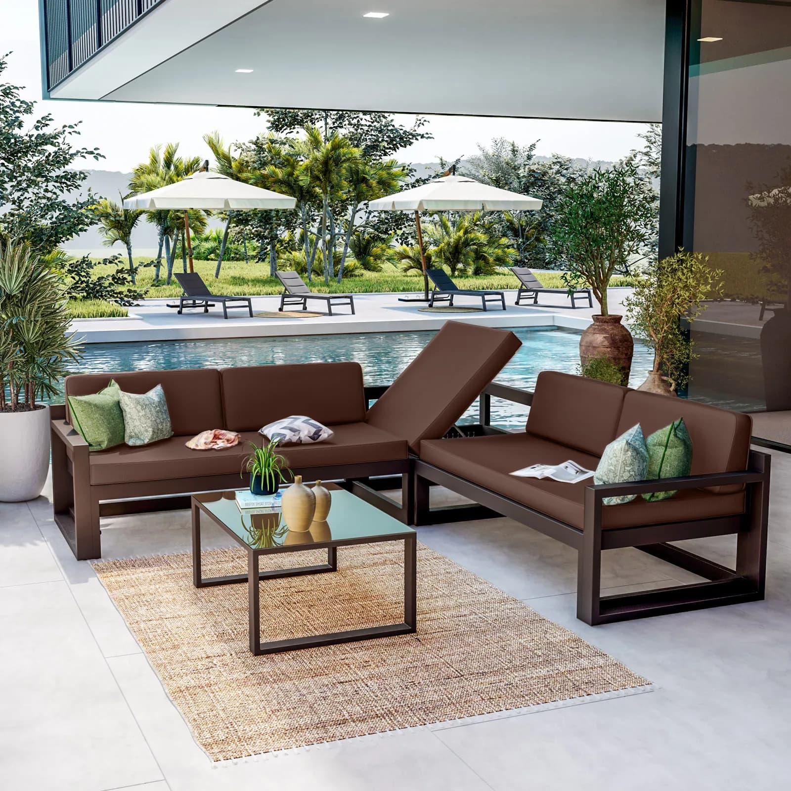 Set relax divano angolare in alluminio marrone con cuscini e tavolino - Carioca Lounge
