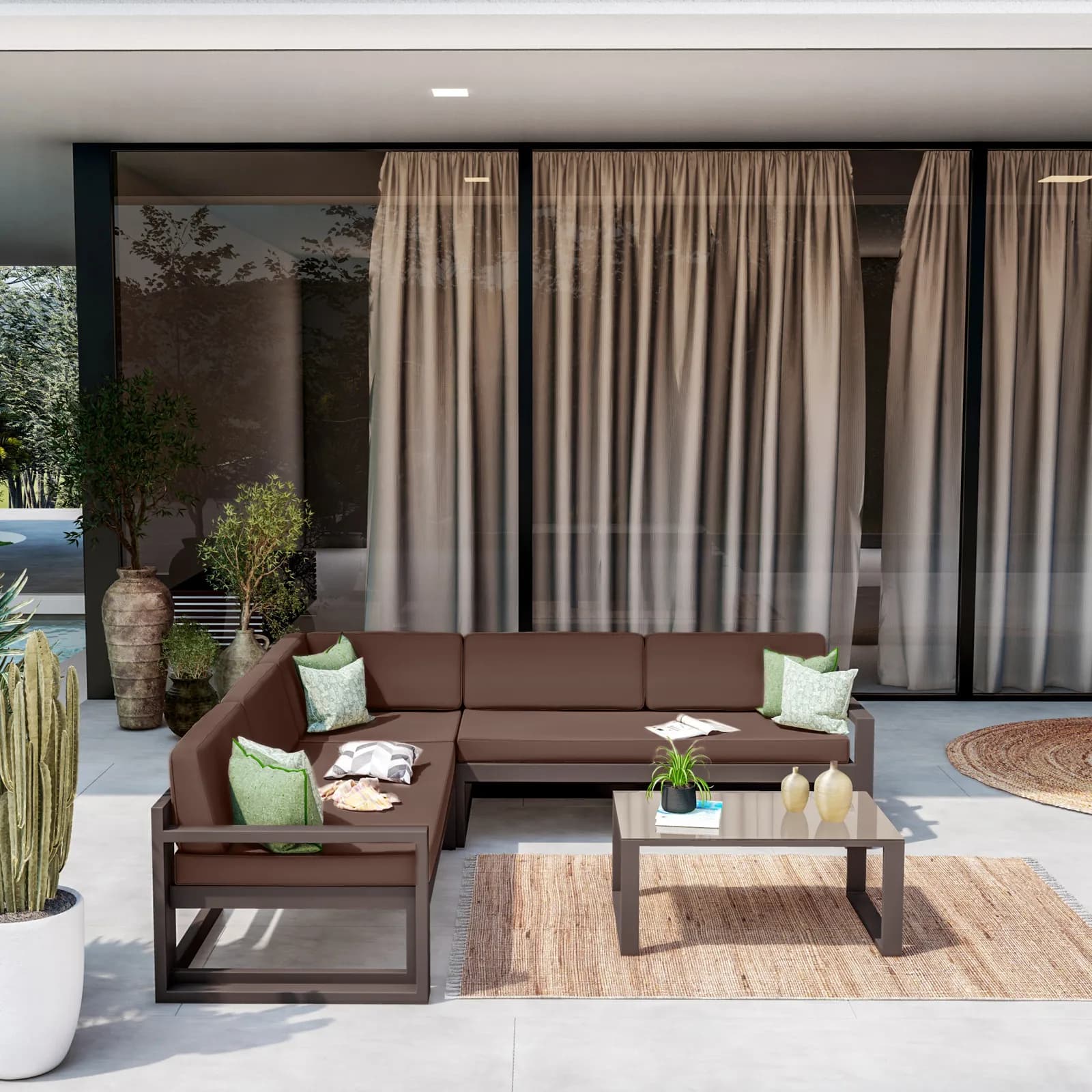Set relax divano angolare in alluminio marrone con cuscini e tavolino - Carioca Lounge