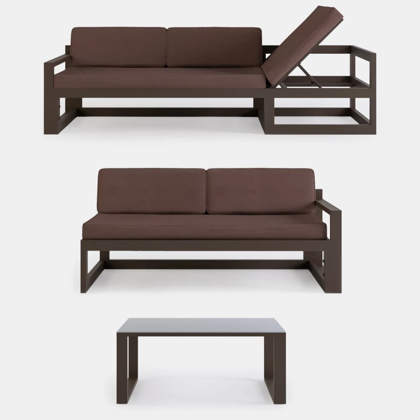 Set relax divano angolare in alluminio marrone con cuscini e tavolino - Carioca Lounge