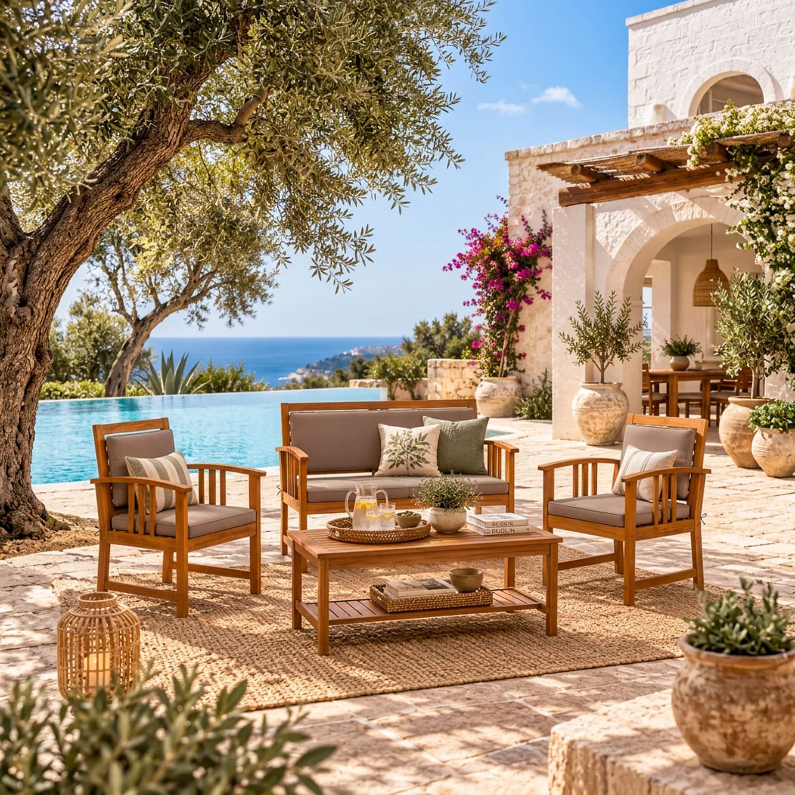 Set relax da giardino 4 posti in legno di acacia con cuscini tortora - Smeraldo