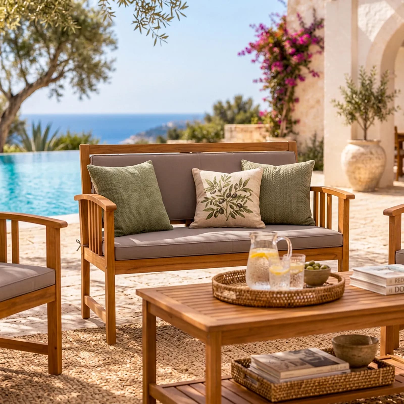 Set relax da giardino 4 posti in legno di acacia con cuscini tortora - Smeraldo