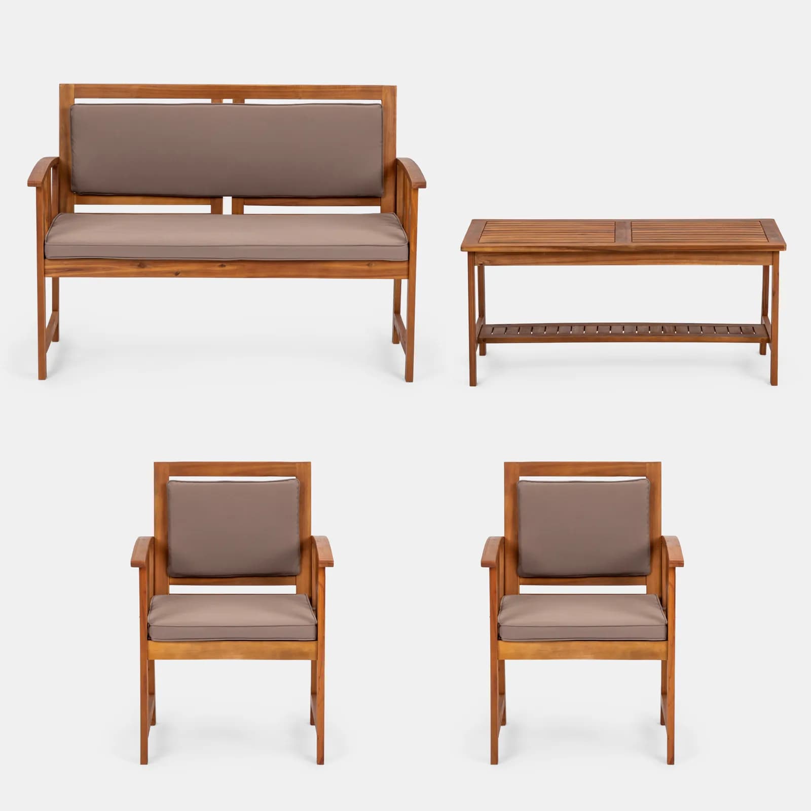 Set relax da giardino 4 posti in legno di acacia con cuscini tortora - Smeraldo