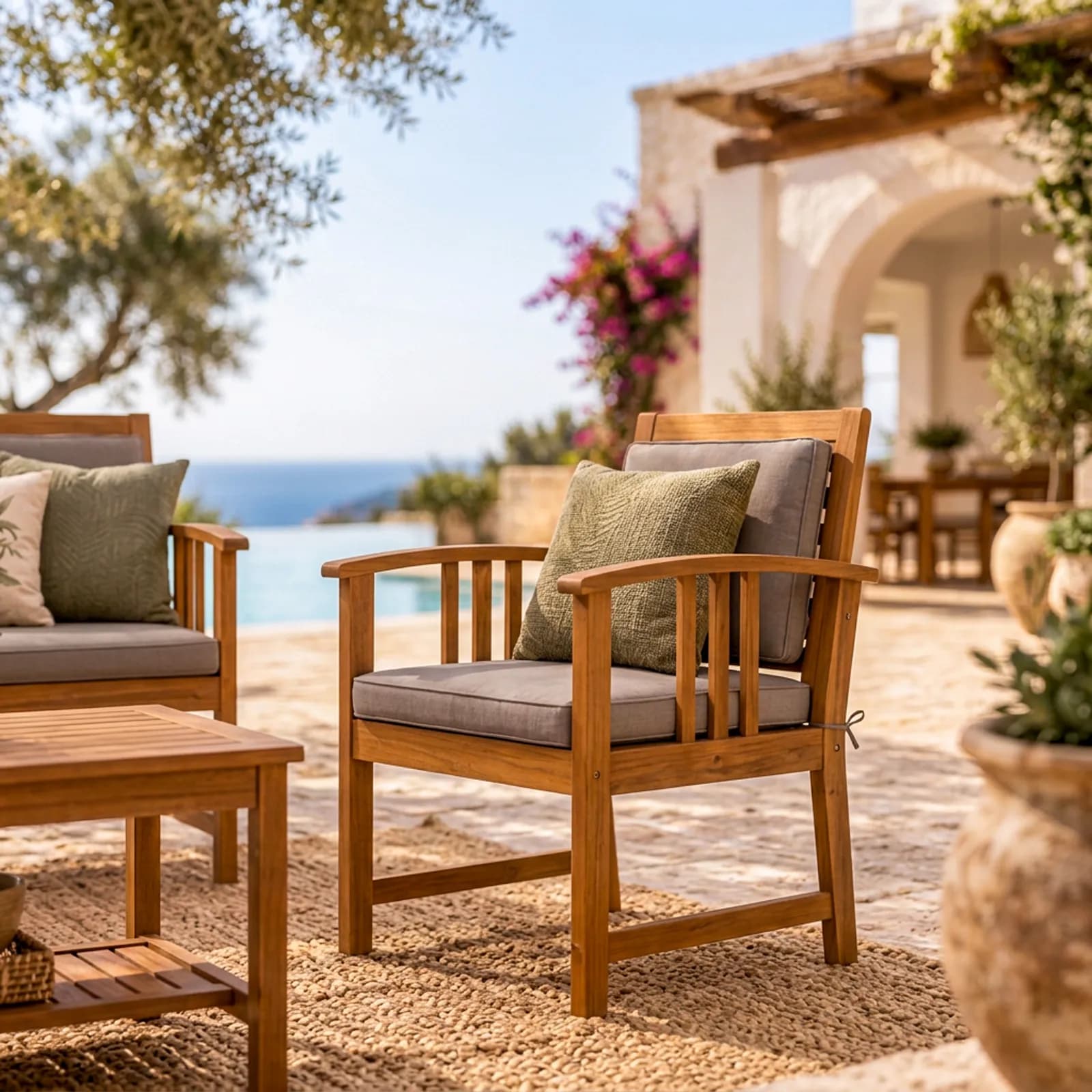 Set relax da giardino 4 posti in legno di acacia con cuscini tortora - Smeraldo