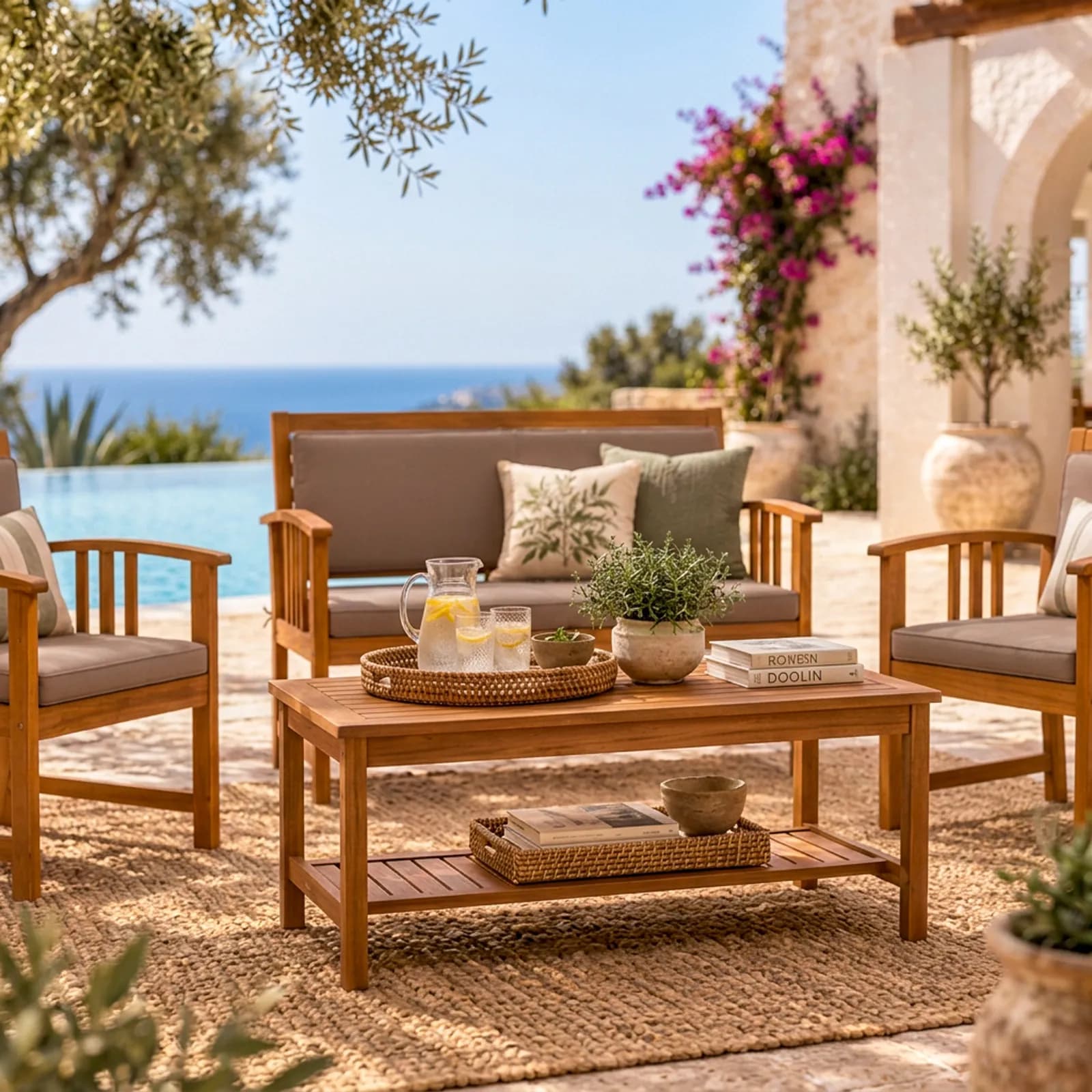 Set relax da giardino 4 posti in legno di acacia con cuscini tortora - Smeraldo