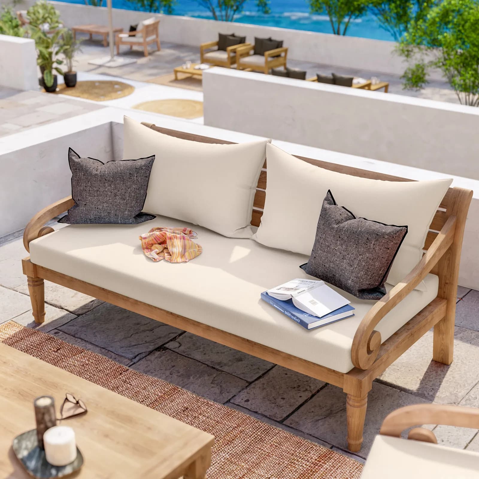 Set relax da giardino in teak con cuscini ecrù e tavolino - Belem
