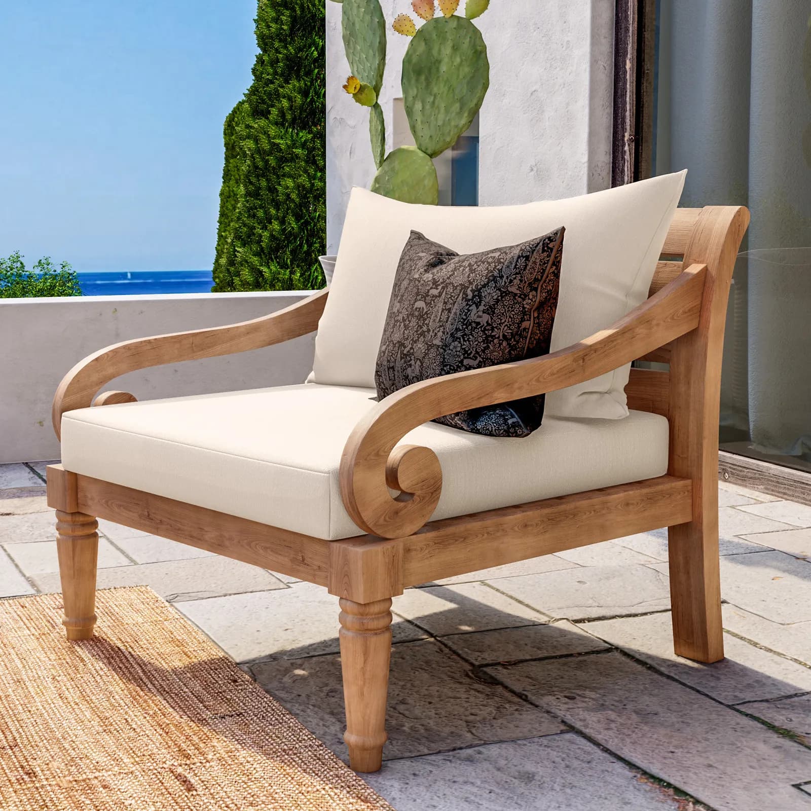 Set relax da giardino in teak con cuscini ecrù e tavolino - Belem