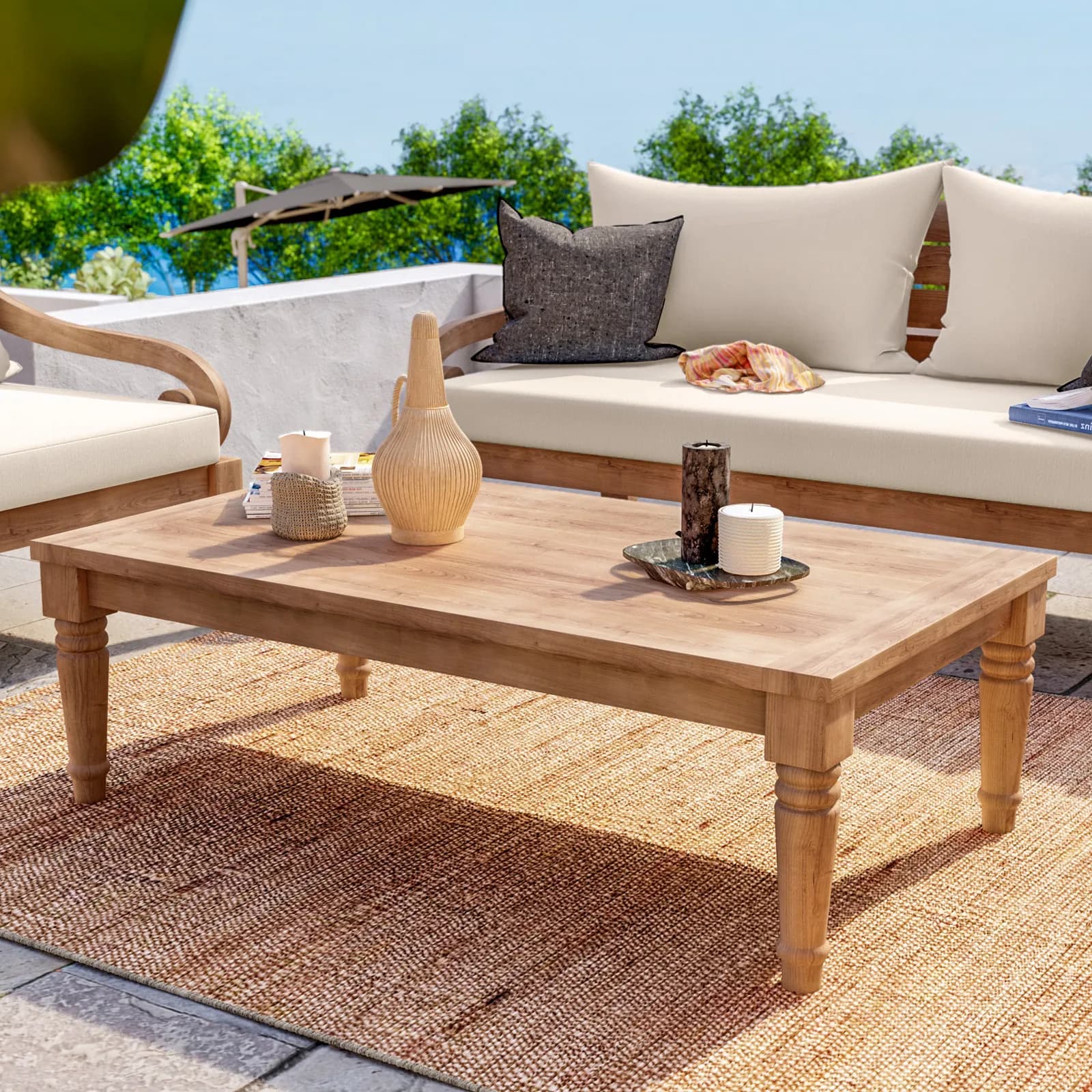 Set relax da giardino in teak con cuscini ecrù e tavolino - Belem