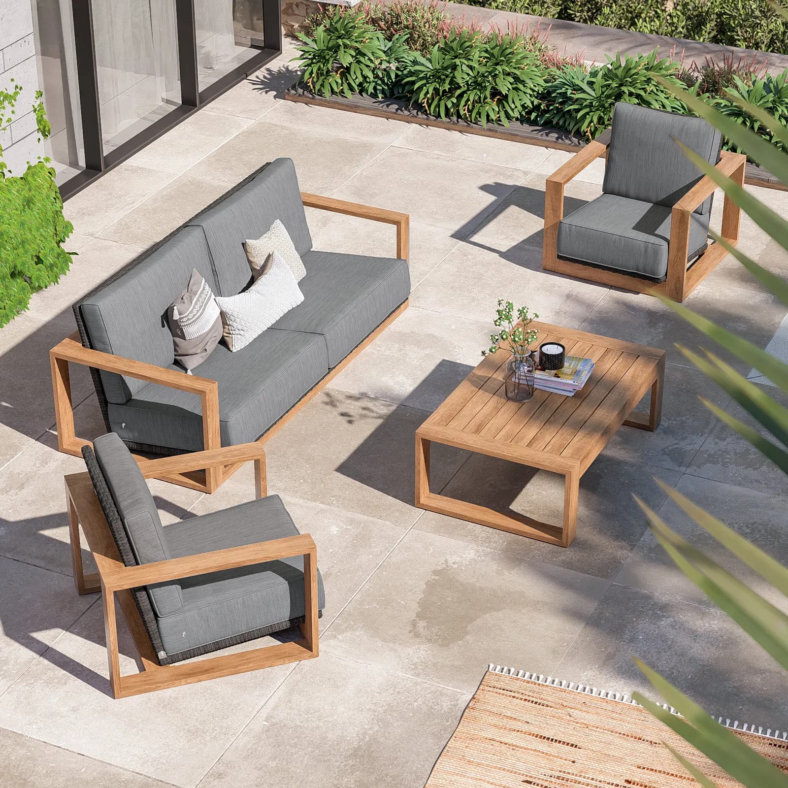 Set relax in alluminio effetto legno con schienale in polyrattan e cuscini antracite - Sitra