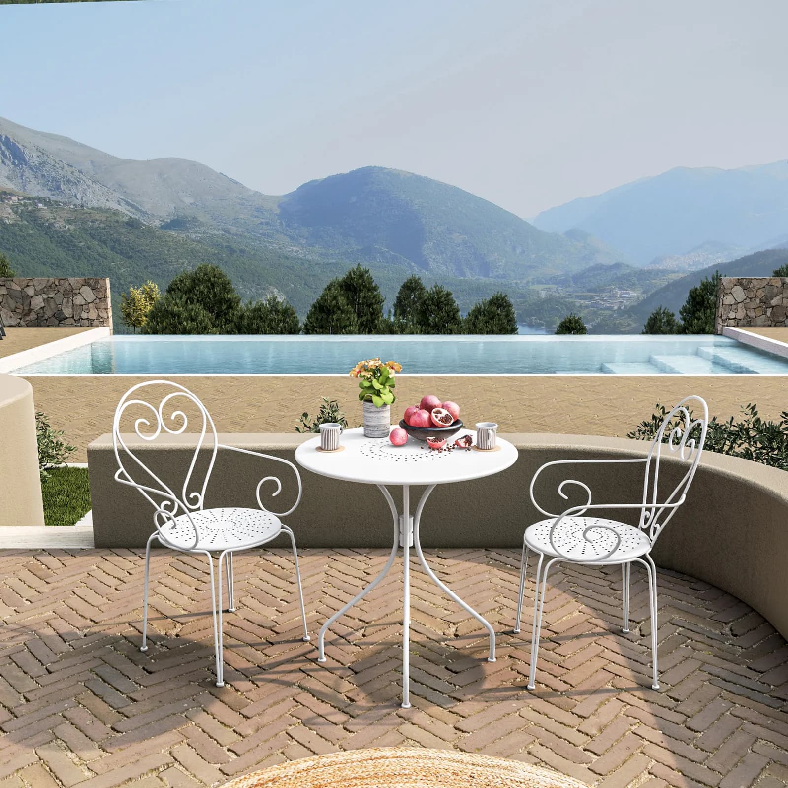 Set bistrot tavolo rotondo 70 cm e 2 sedie con braccioli in metallo bianco - Loren
