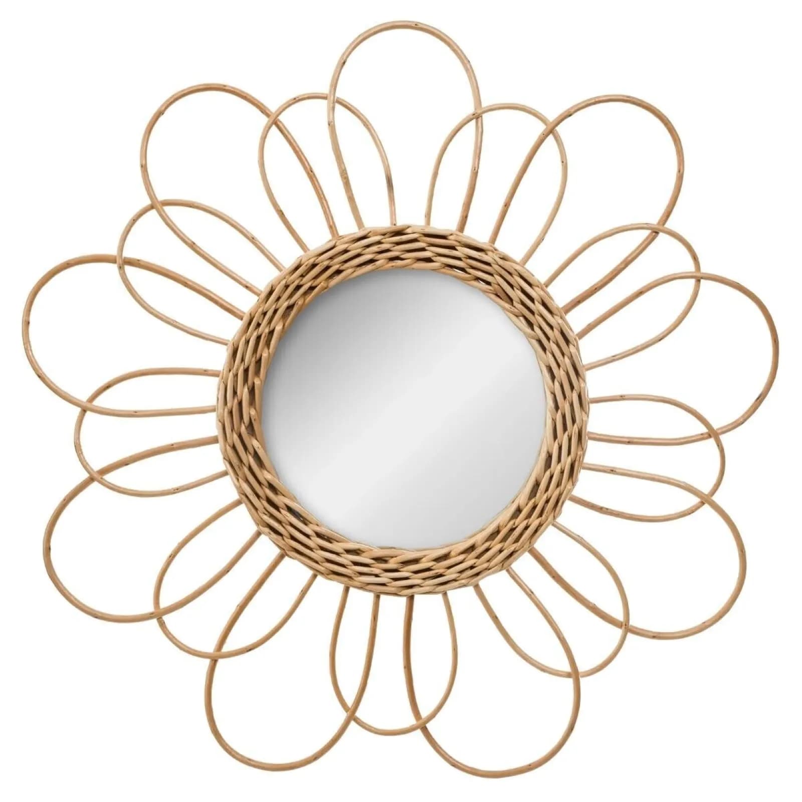 Specchio rotondo 38 cm a fiore con cornice intrecciata in vimini naturale