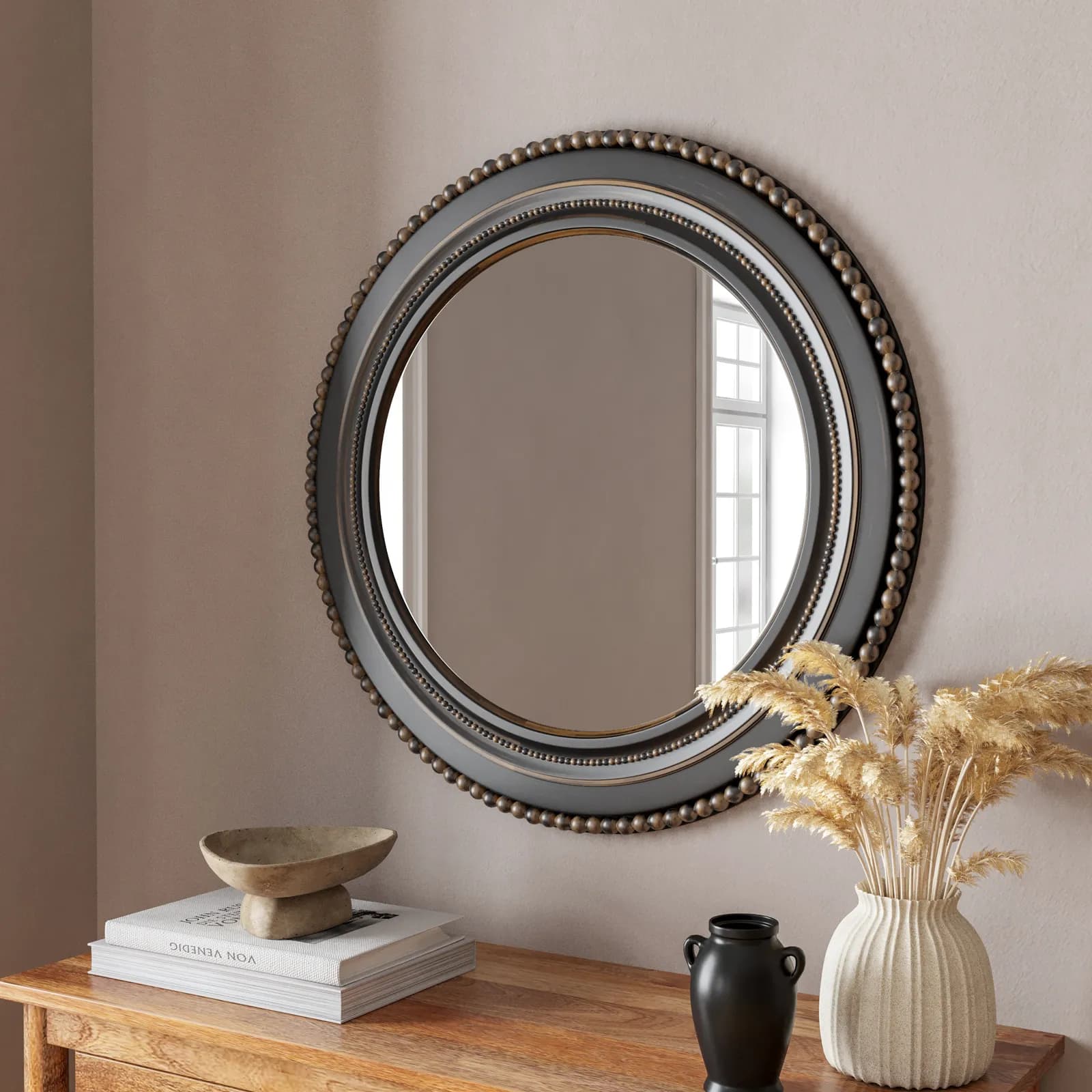 Specchio da interno tondo 76 cm con cornice decorata nera effetto anticato - Raymond