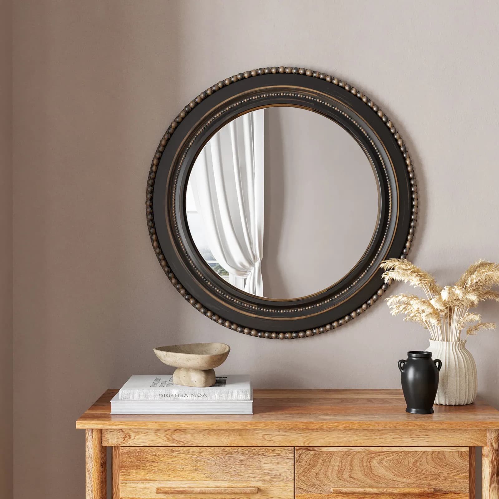Specchio da interno tondo 76 cm con cornice decorata nera effetto anticato - Raymond