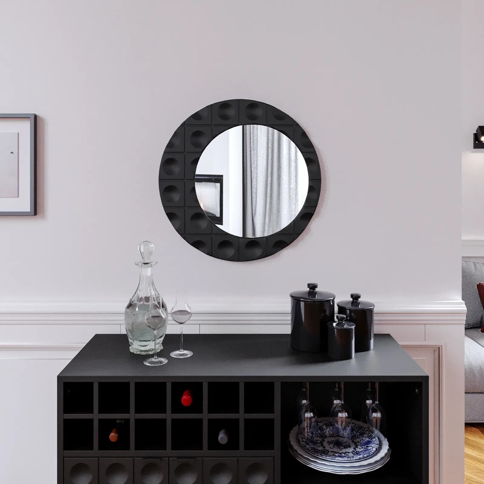 Specchio da parete 55 cm nero con cornice decorata - Miara