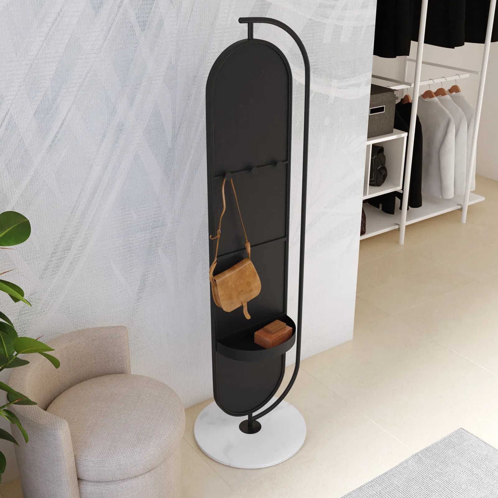 Specchio da terra 45x175h cm in metallo nero e base in marmo con ripiano e appendiabiti - Garil