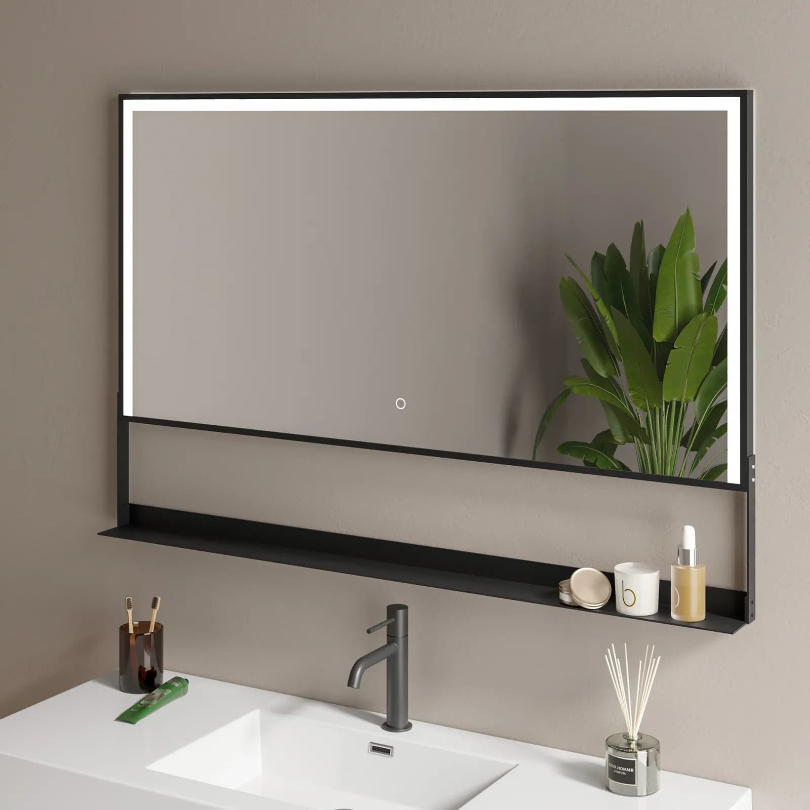 Specchio led 80x120 cm luce fredda con mensola e accensione touch nero - Safir