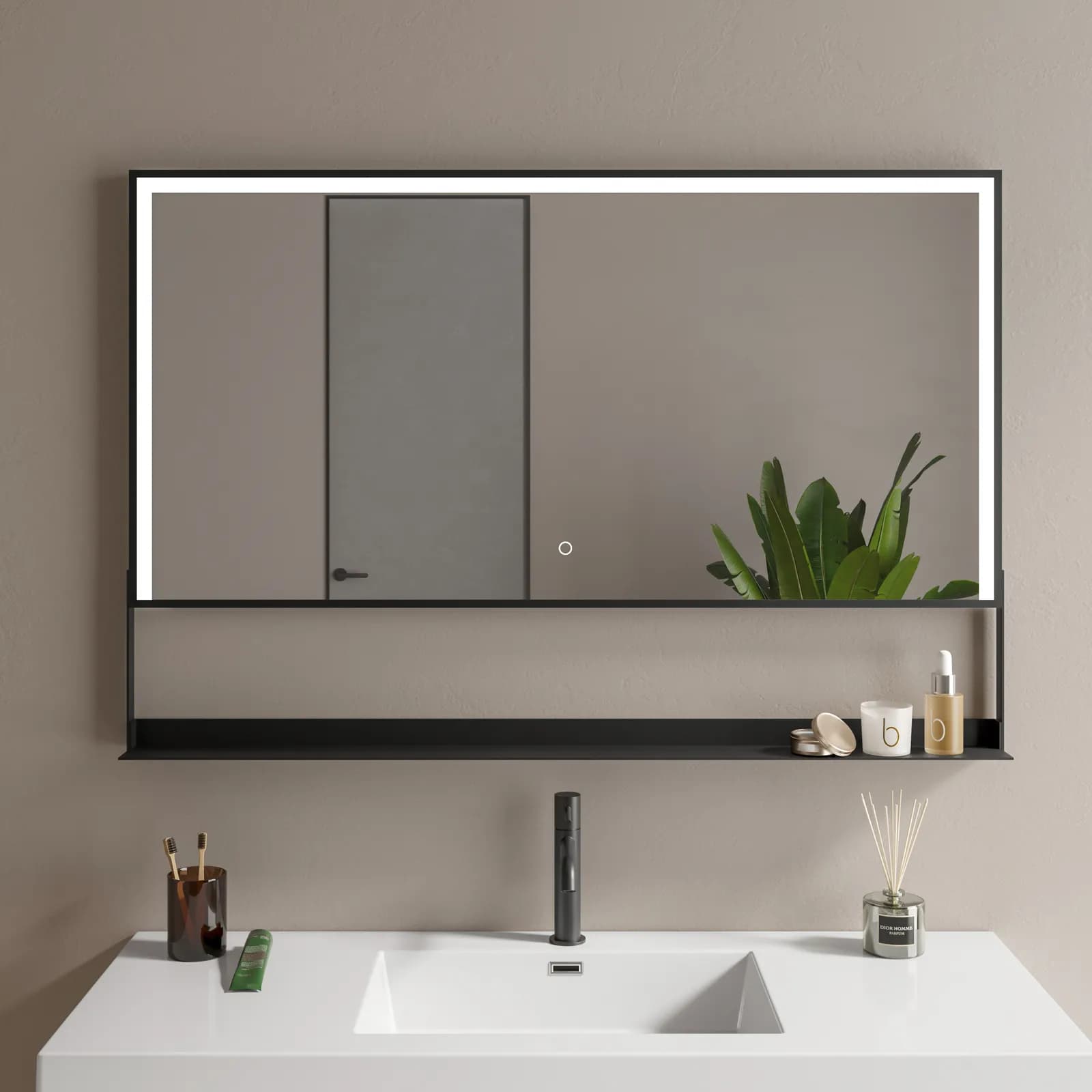 Specchio led 80x120 cm luce fredda con mensola e accensione touch nero - Safir