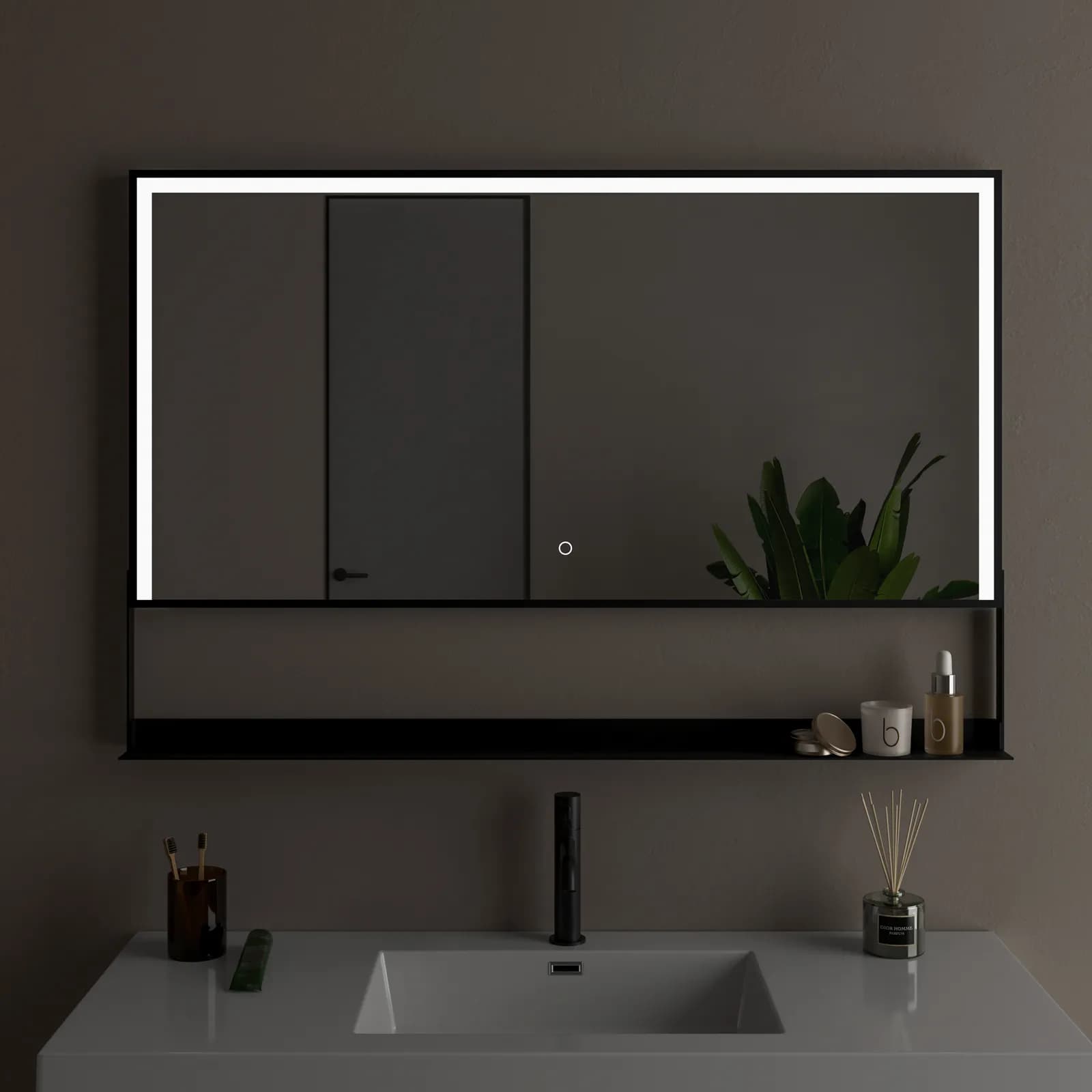 Specchio led 80x120 cm luce fredda con mensola e accensione touch nero - Safir